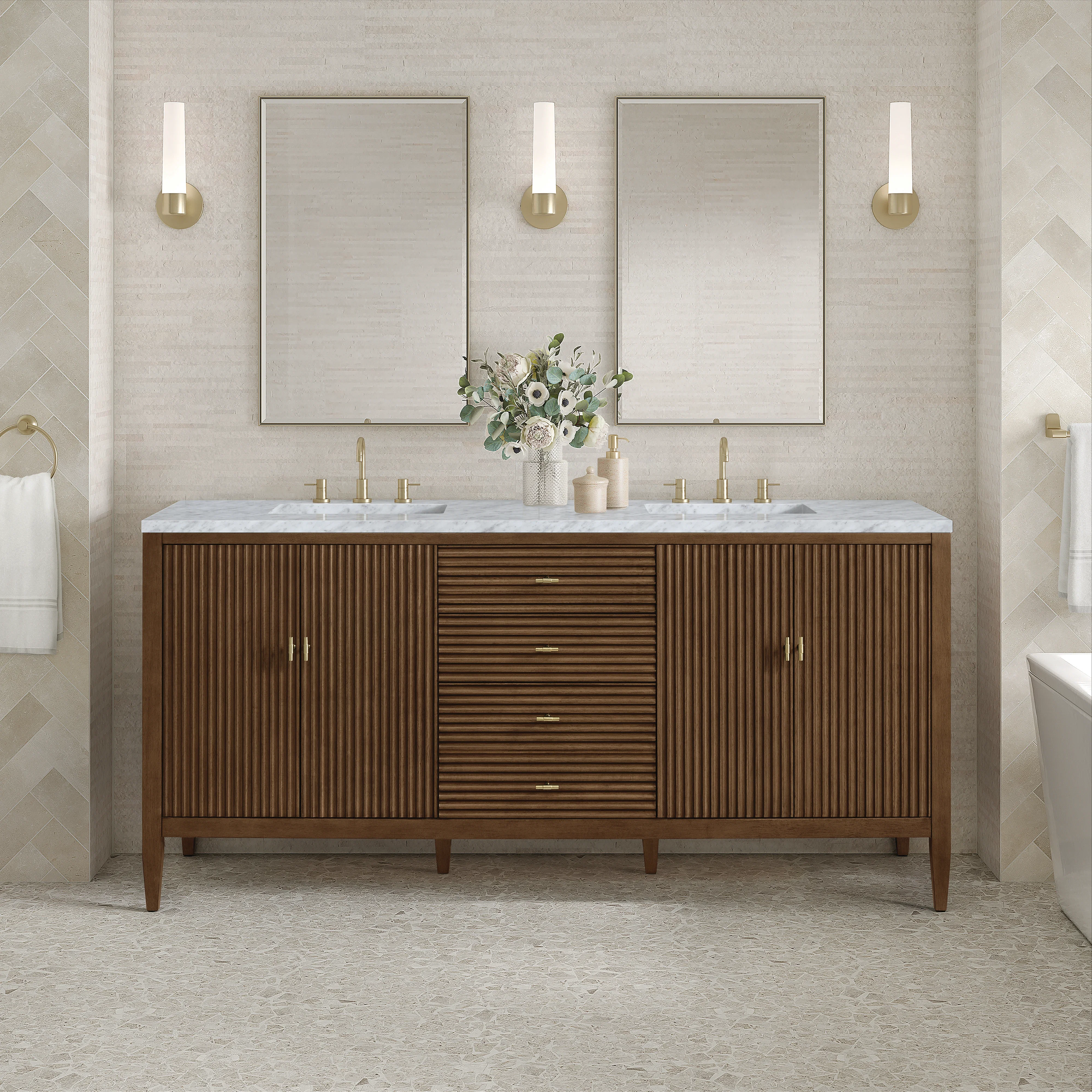 Myrrin 72" Double Vanity, Mid Century Walnut w/ 3 CM Carrara White Marble Top