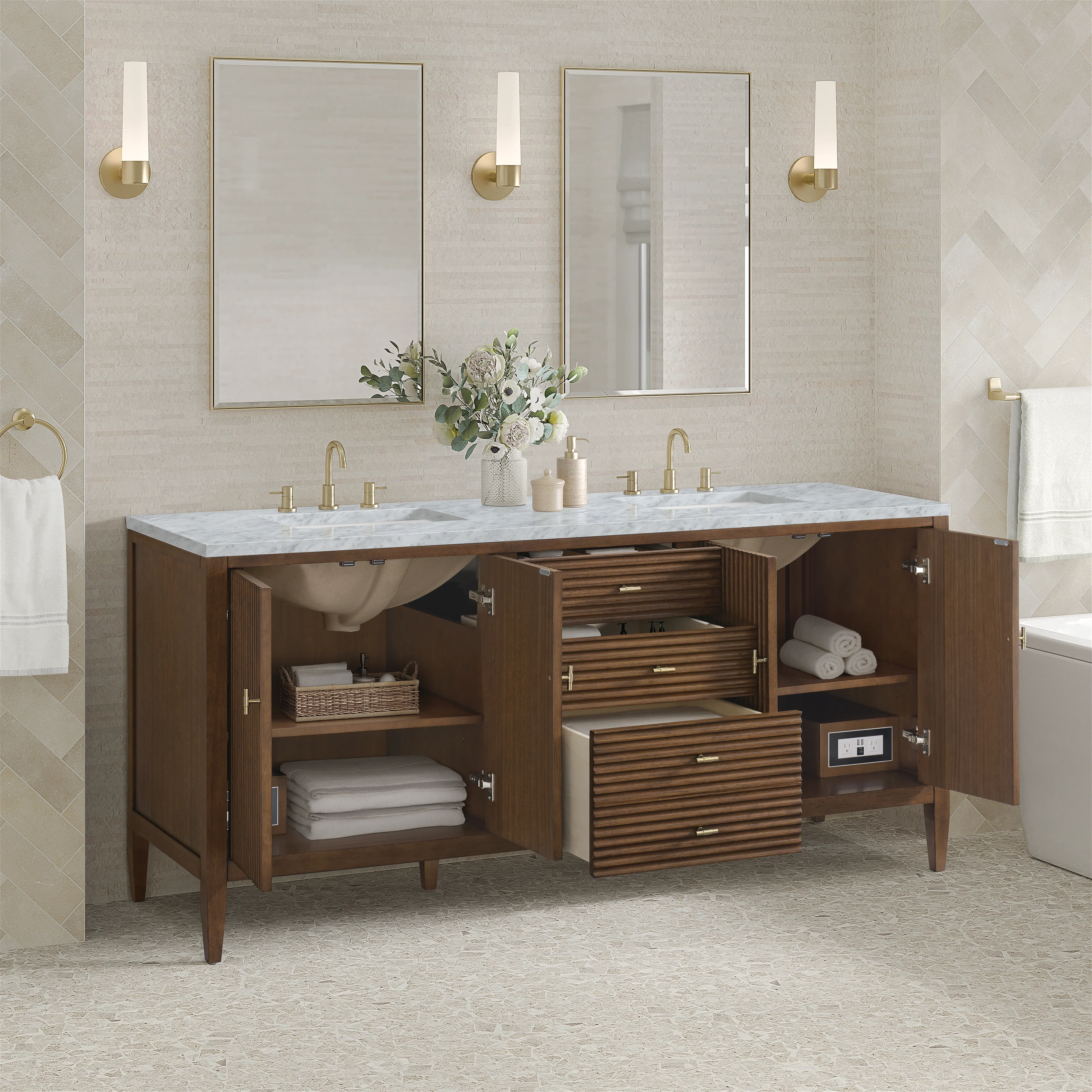 Myrrin 72" Double Vanity, Mid Century Walnut w/ 3 CM Carrara White Marble Top