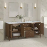 Myrrin 72" Double Vanity, Mid Century Walnut w/ 3 CM Carrara White Marble Top