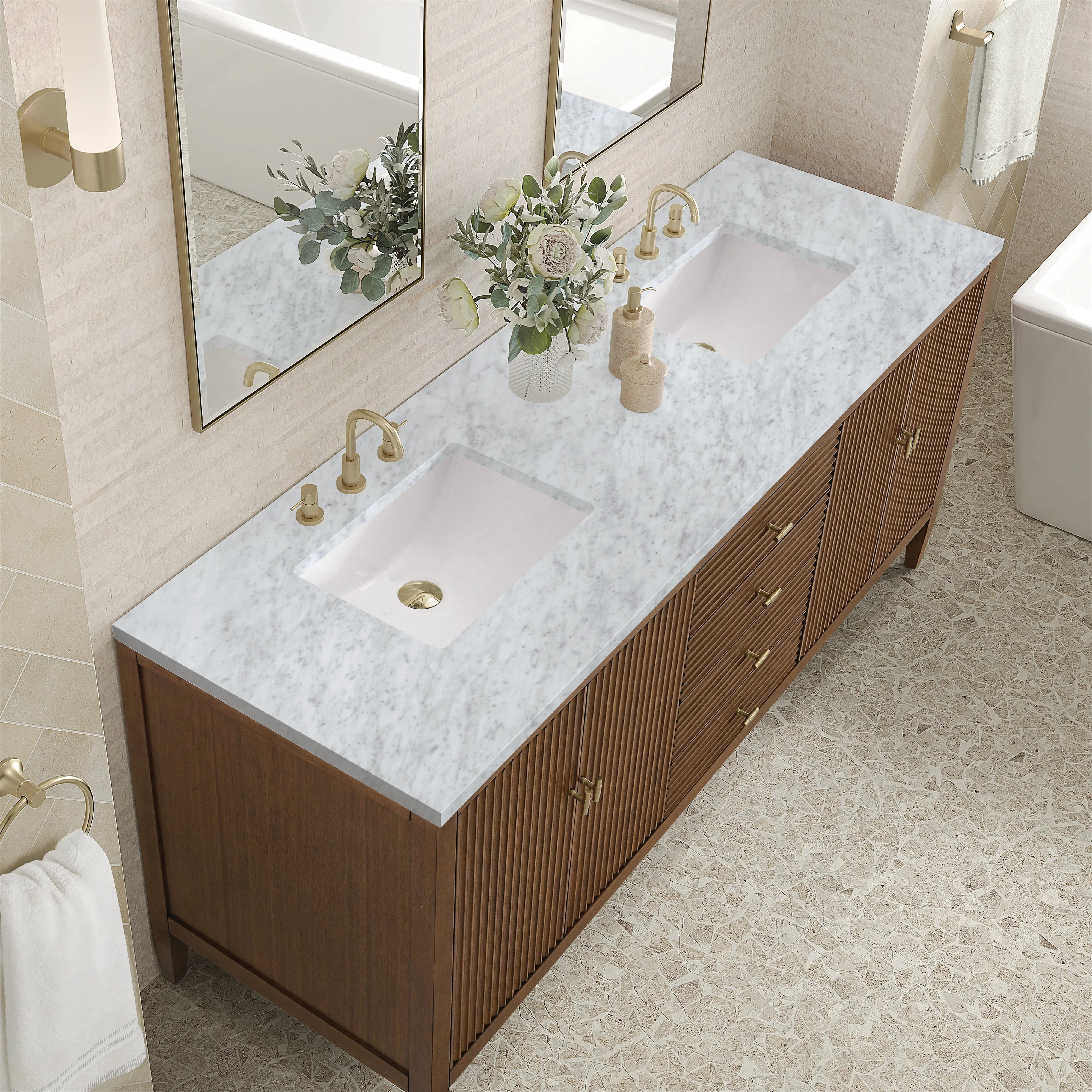 Myrrin 72" Double Vanity, Mid Century Walnut w/ 3 CM Carrara White Marble Top