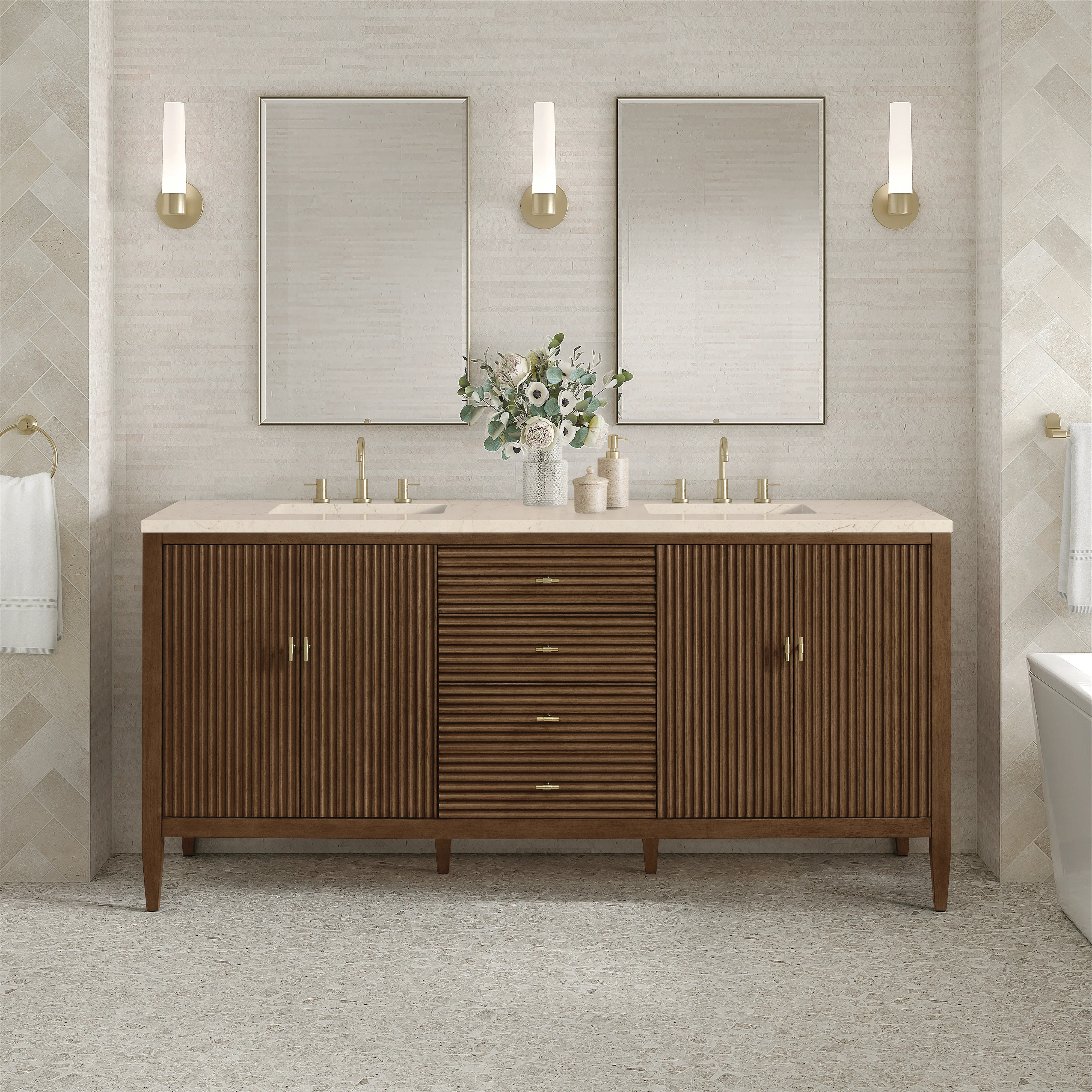 Myrrin 72" Double Vanity, Mid Century Walnut w/ 3 CM Eternal Marfil Silestone Top