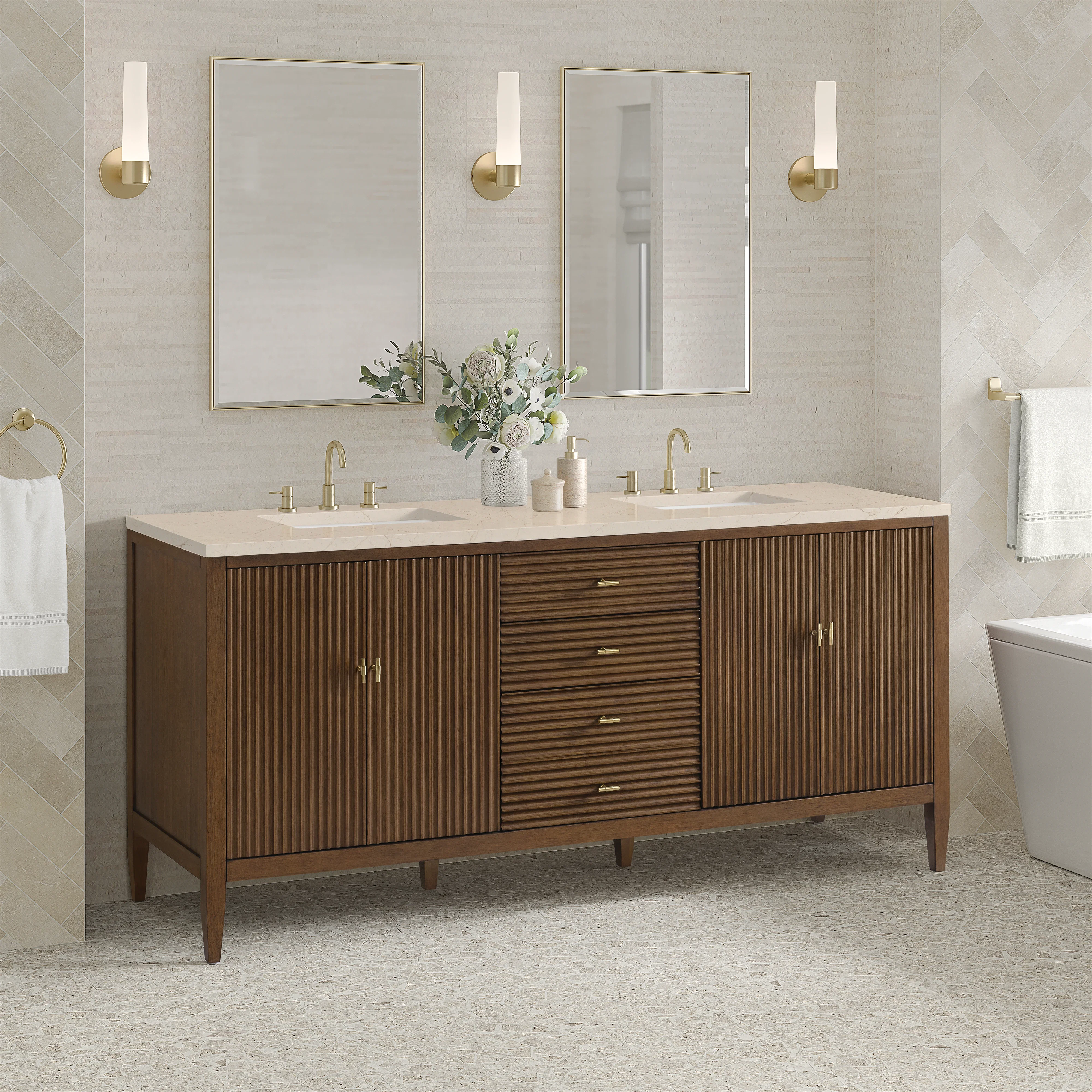 Myrrin 72" Double Vanity, Mid Century Walnut w/ 3 CM Eternal Marfil Silestone Top