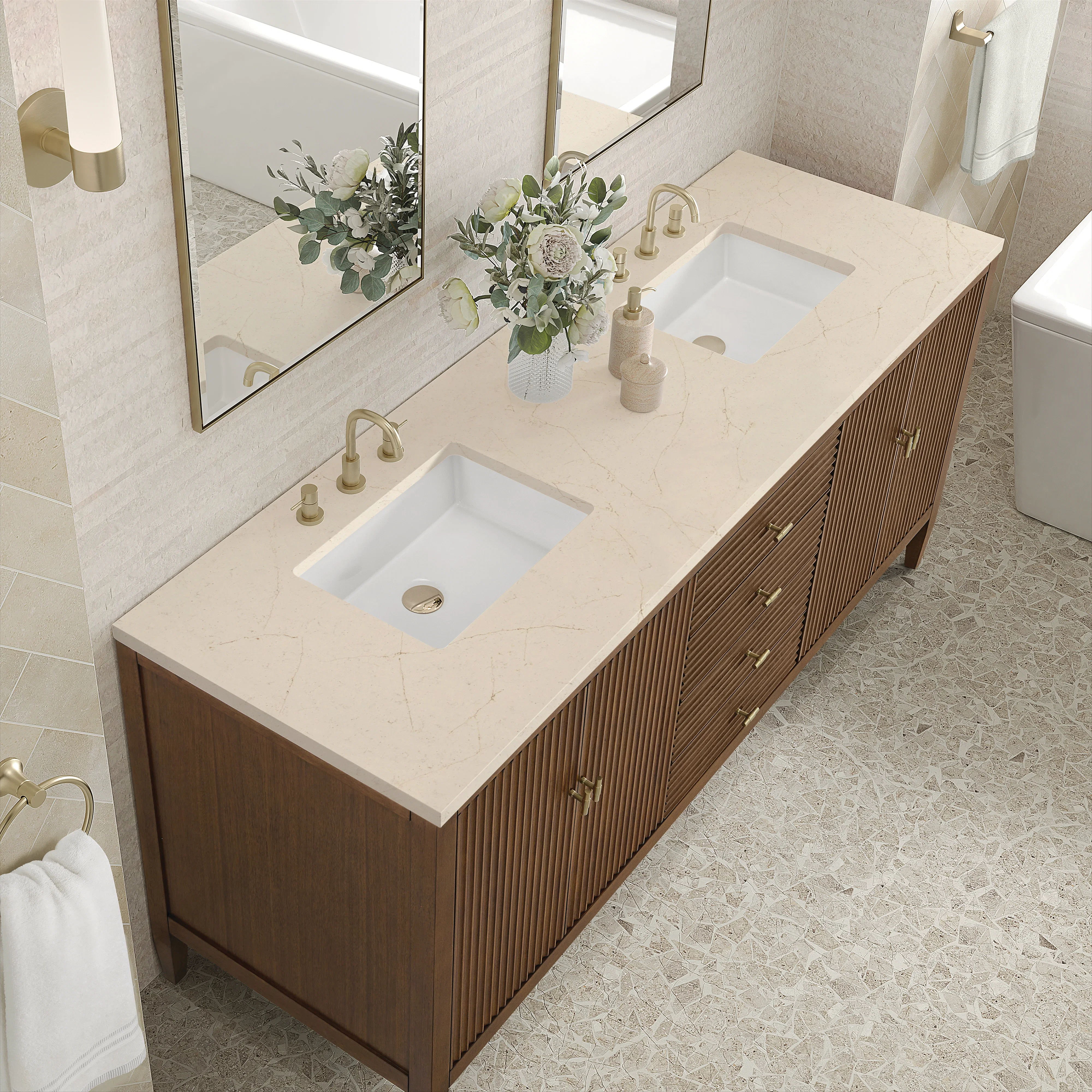 Myrrin 72" Double Vanity, Mid Century Walnut w/ 3 CM Eternal Marfil Silestone Top