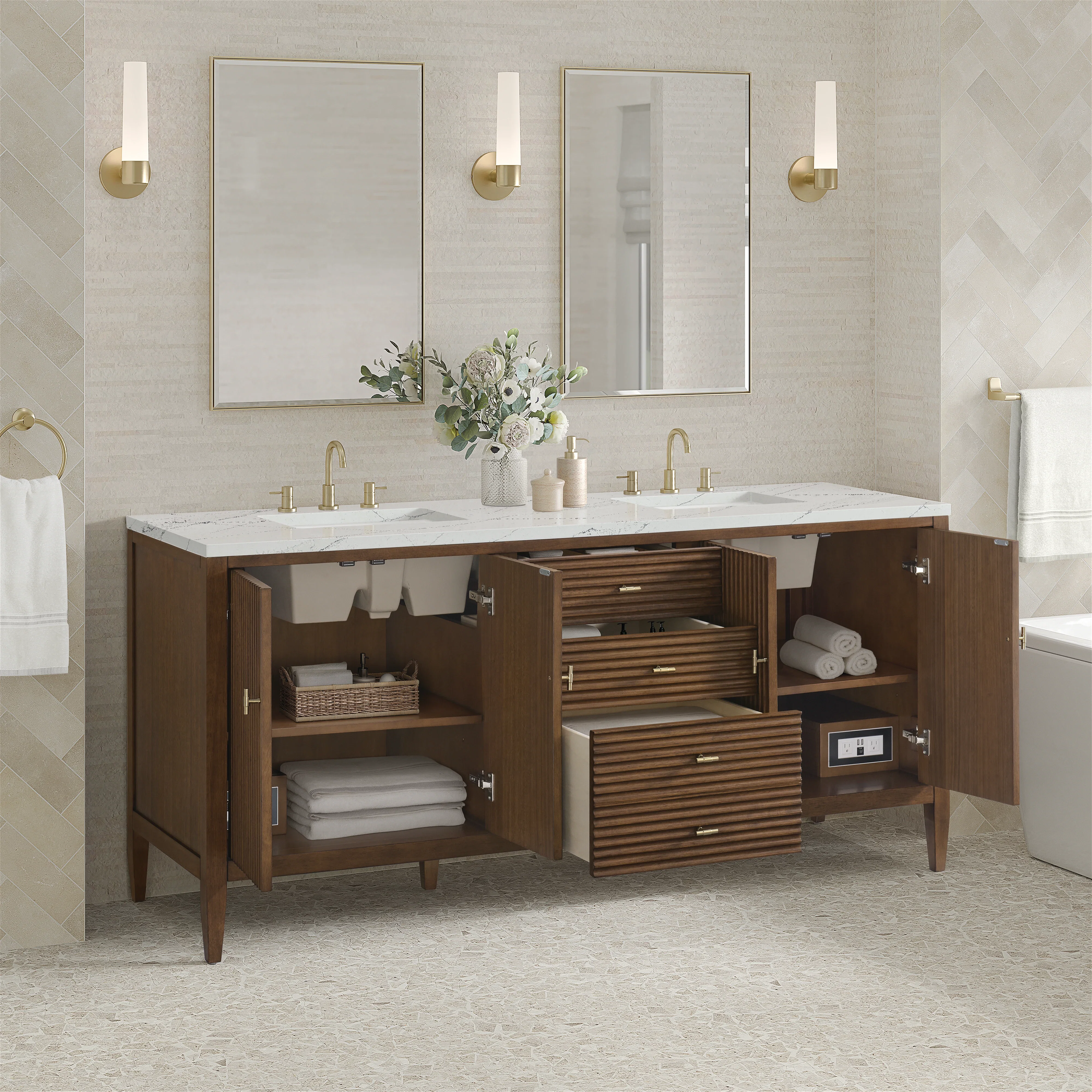 Myrrin 72" Double Vanity, Mid Century Walnut w/ 3 CM Ethereal Noctis Silestone Top