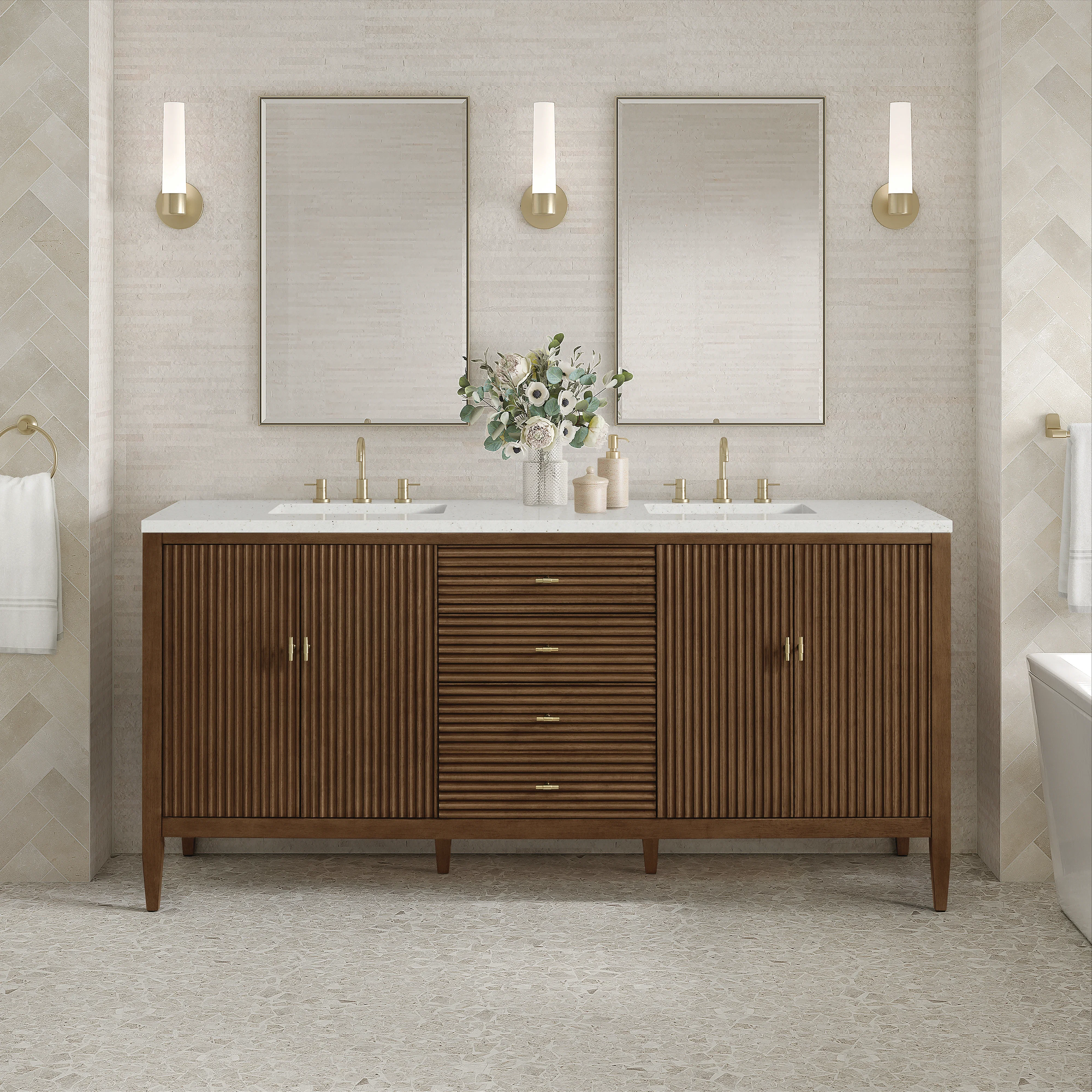 Myrrin 72" Double Vanity, Mid Century Walnut w/ 3 CM Lime Delight Silestone Top