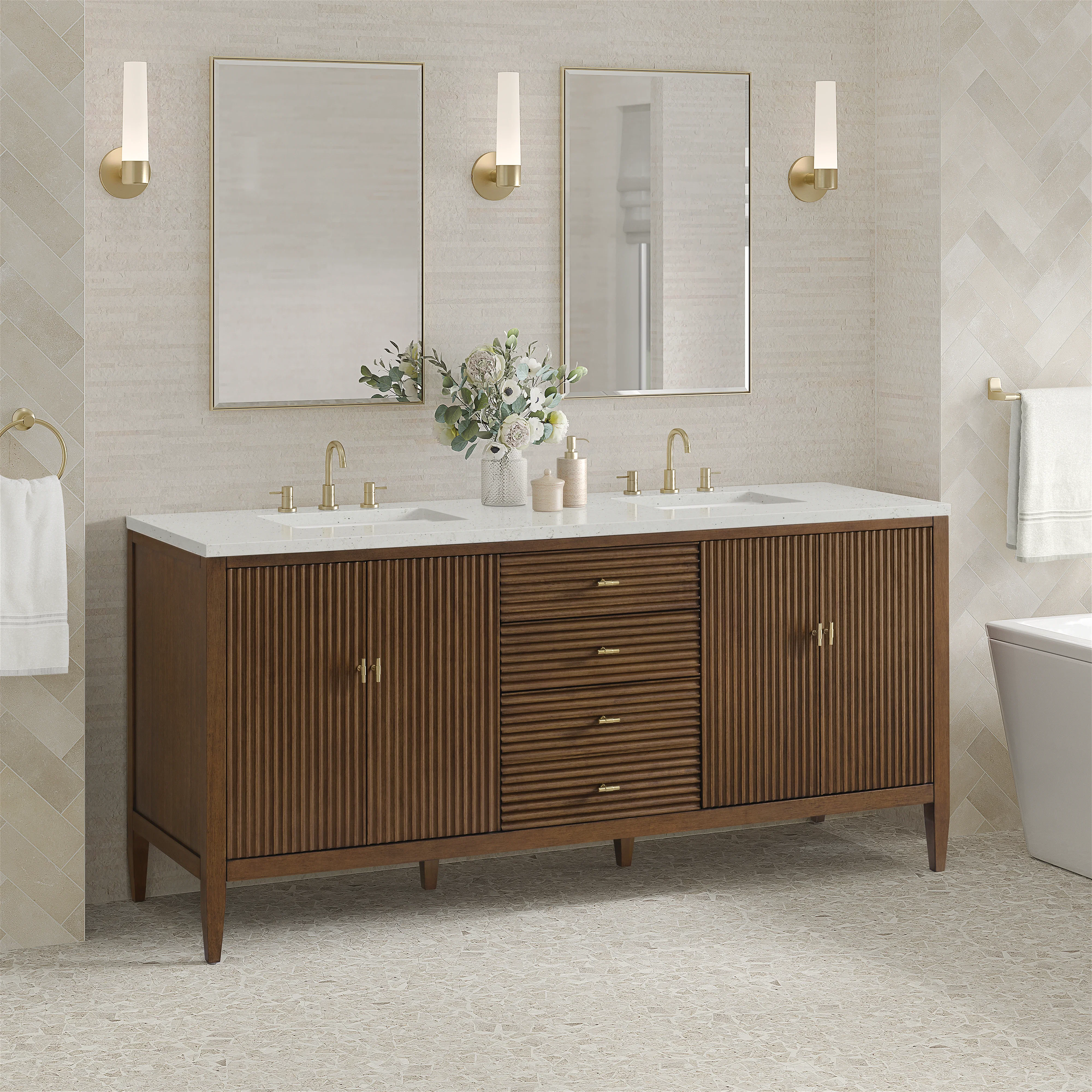Myrrin 72" Double Vanity, Mid Century Walnut w/ 3 CM Lime Delight Silestone Top