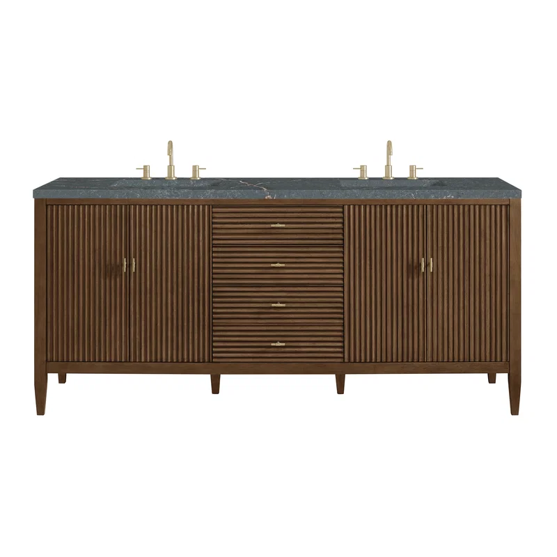 Myrrin 72" Double Vanity, Mid Century Walnut w/ 3 CM Parisien Bleu Silestone Top