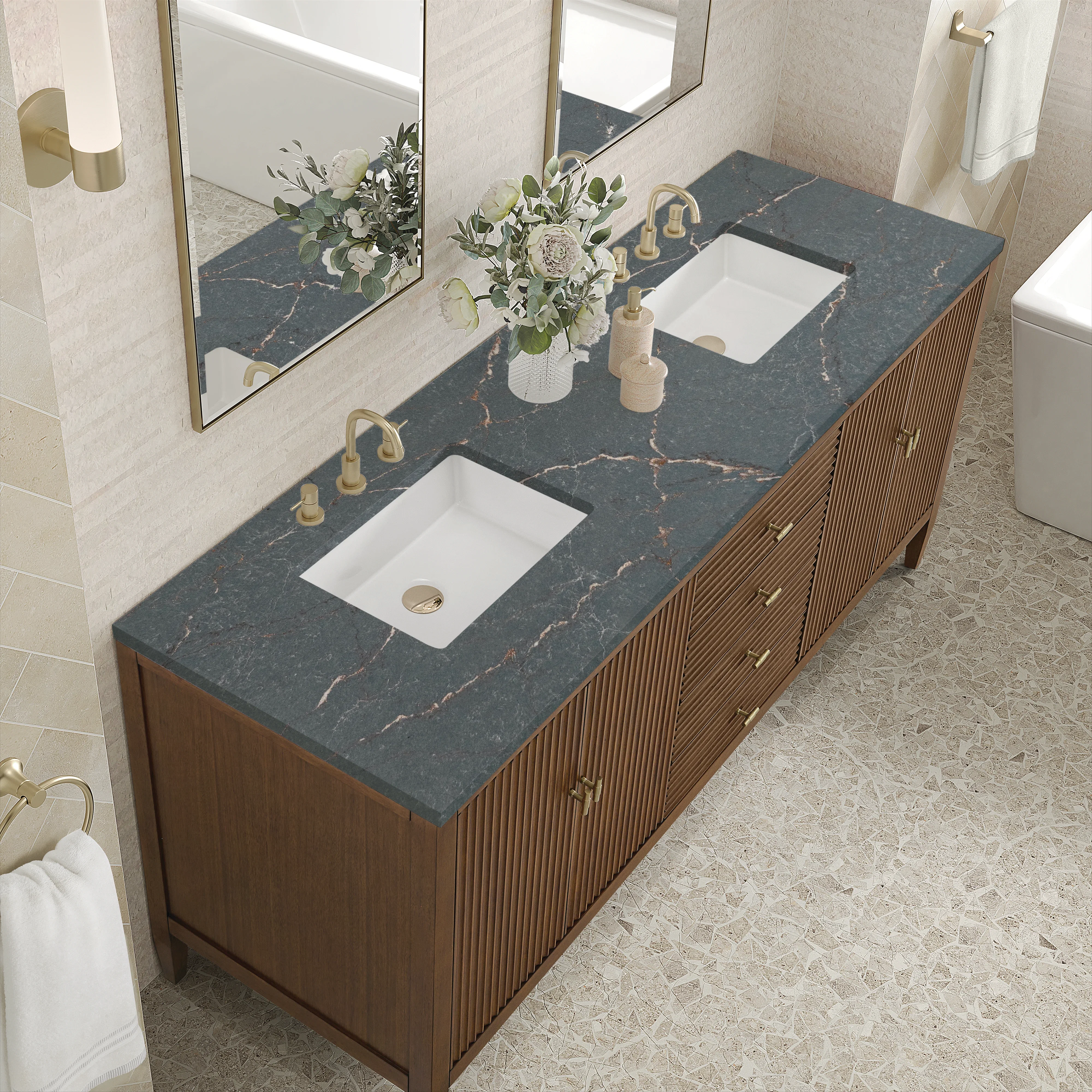 Myrrin 72" Double Vanity, Mid Century Walnut w/ 3 CM Parisien Bleu Silestone Top