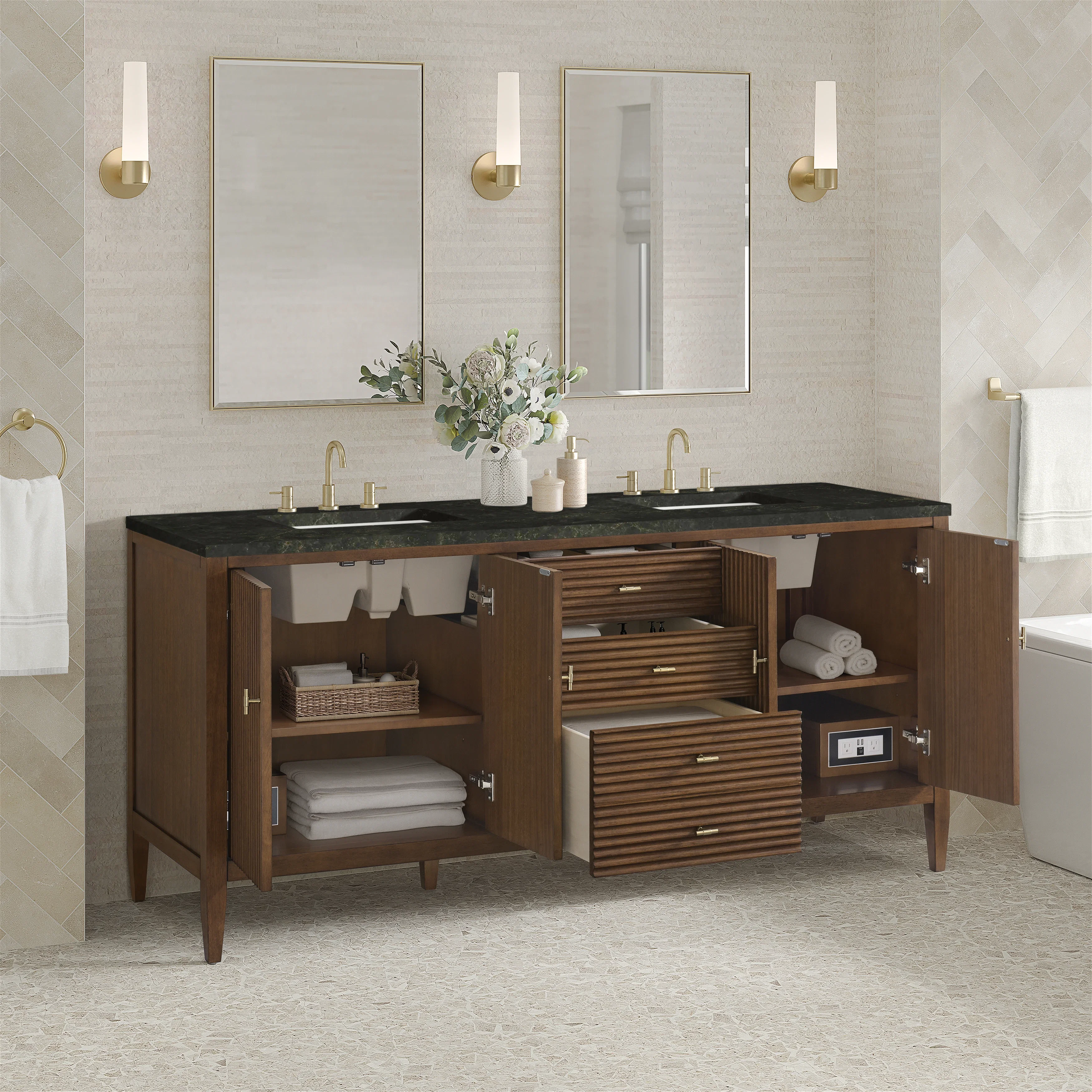 Myrrin 72" Vanity, Mid Century Walnut, w/ 3 CM Phantome Eclos Top