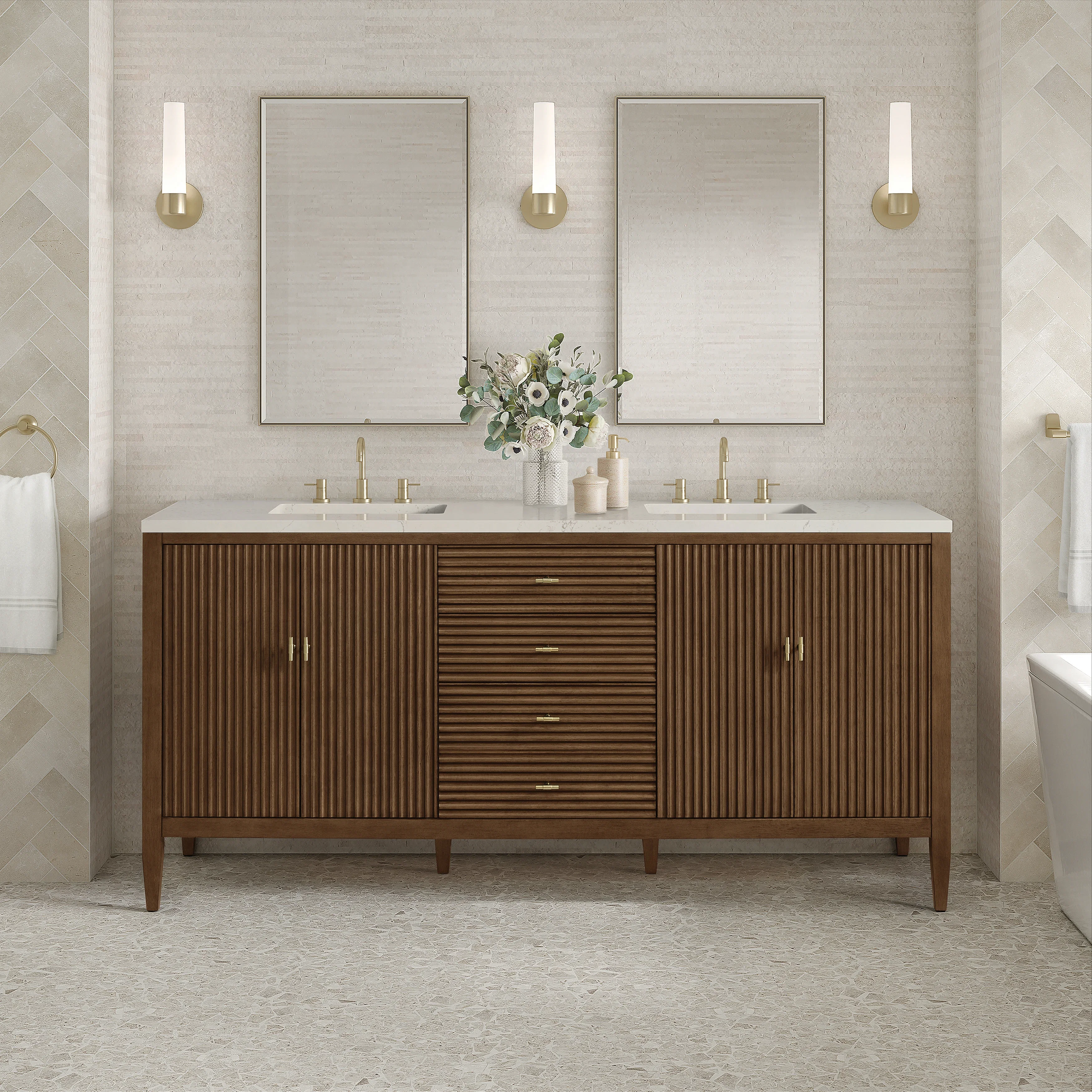 Myrrin 72" Vanity, Mid Century Walnut, w/ 3 CM Siberian Silestone Top