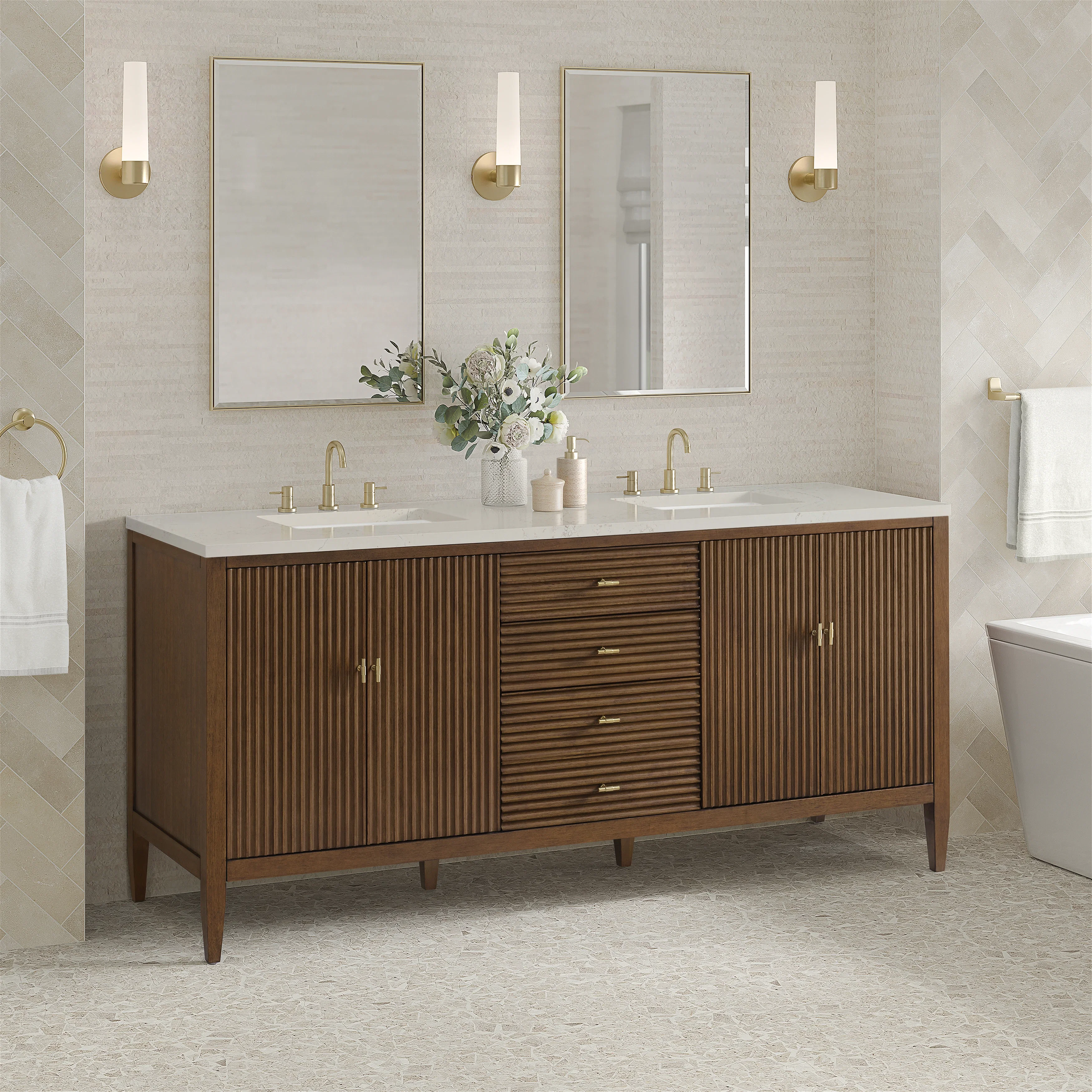 Myrrin 72" Vanity, Mid Century Walnut, w/ 3 CM Siberian Silestone Top