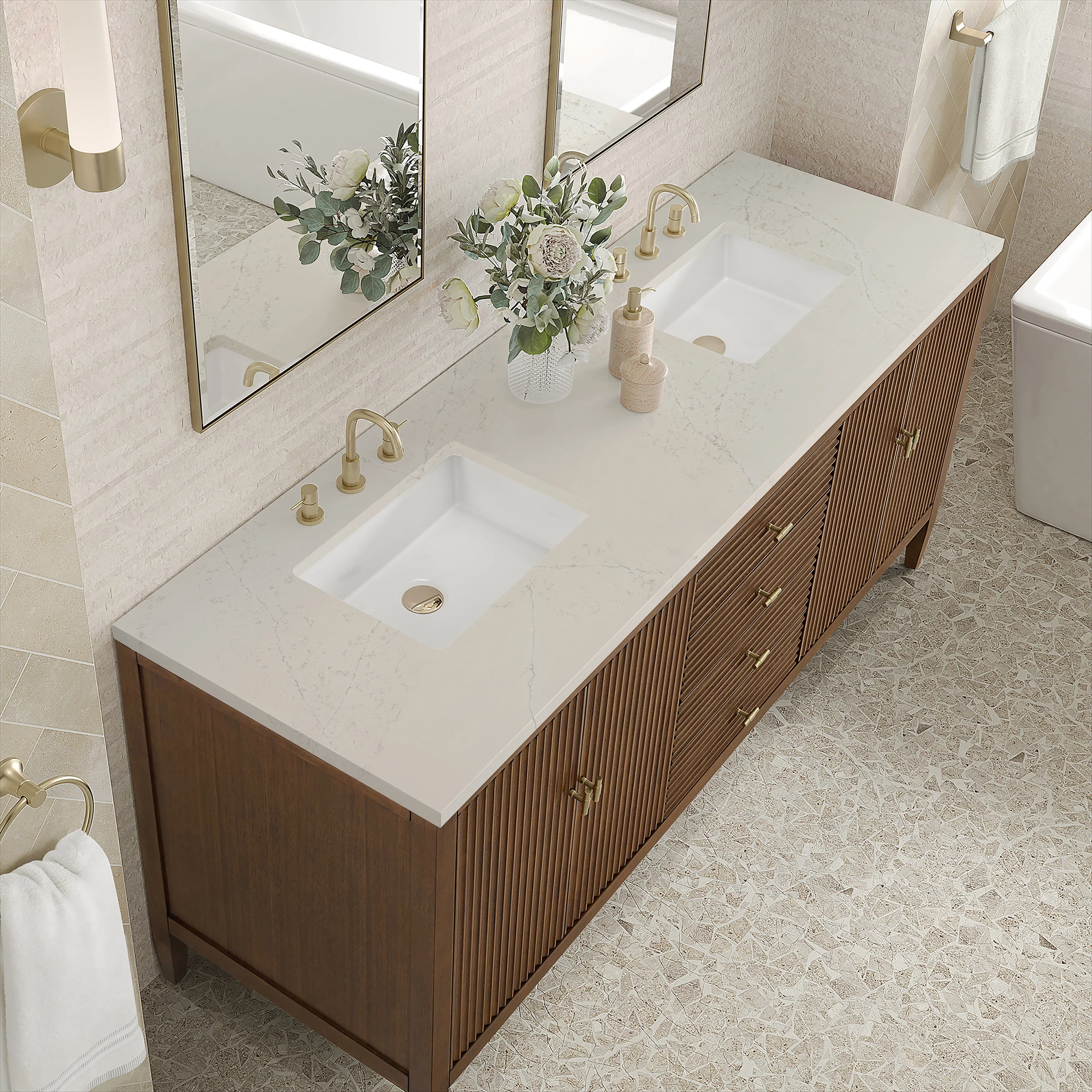 Myrrin 72" Vanity, Mid Century Walnut, w/ 3 CM Siberian Silestone Top