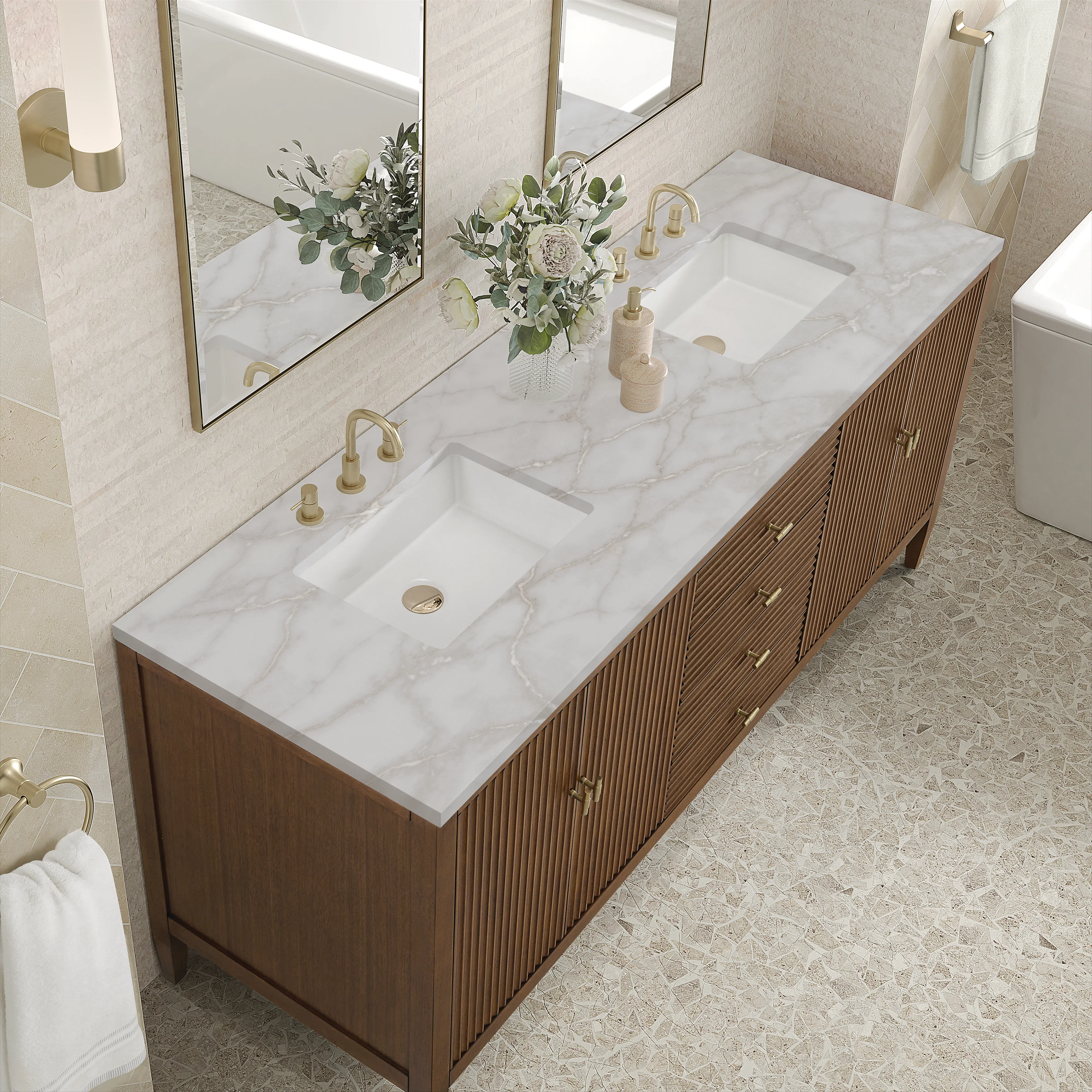 Myrrin 72" Double Vanity, Mid Century Walnut w/ 3 CM Victorian Silver Silestone Top