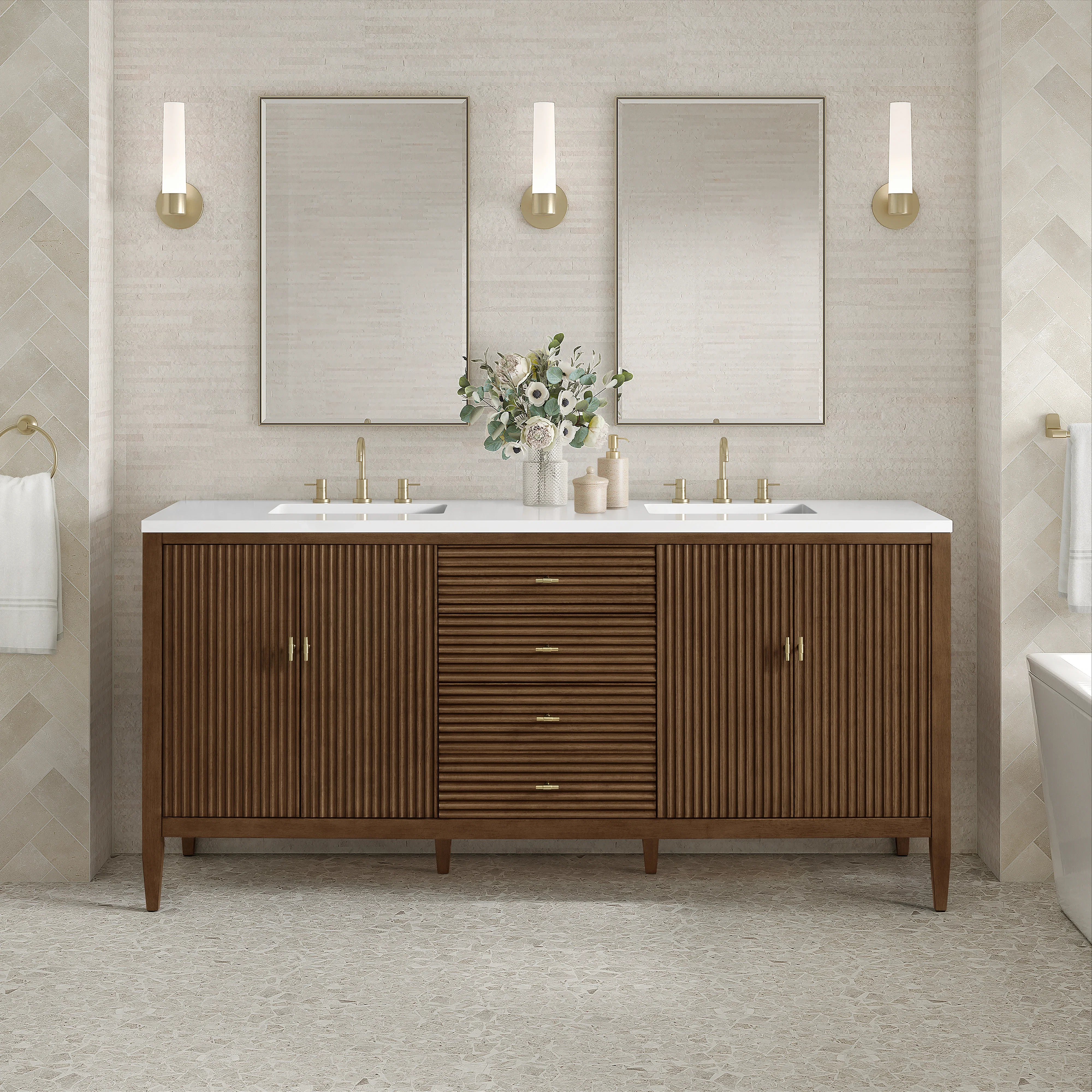 Myrrin 72" Double Vanity, Mid Century Walnut w/ 3 CM White Zeus Silestone Top