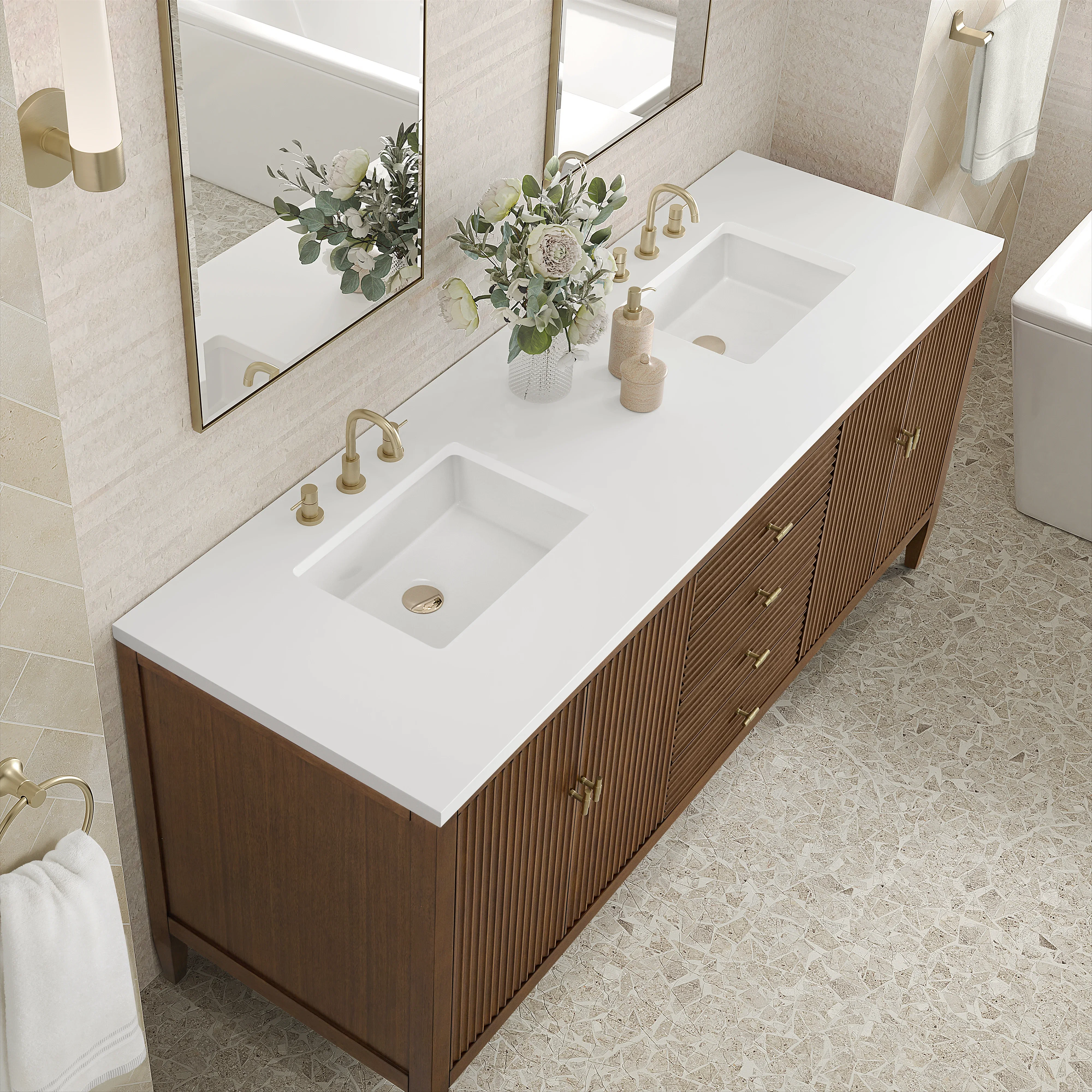 Myrrin 72" Double Vanity, Mid Century Walnut w/ 3 CM White Zeus Silestone Top
