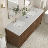 Myrrin 72" Double Vanity, Mid Century Walnut w/ 3 CM Eternal Jasmine Pearl Silestone Top w/FreePower Wireless Charger