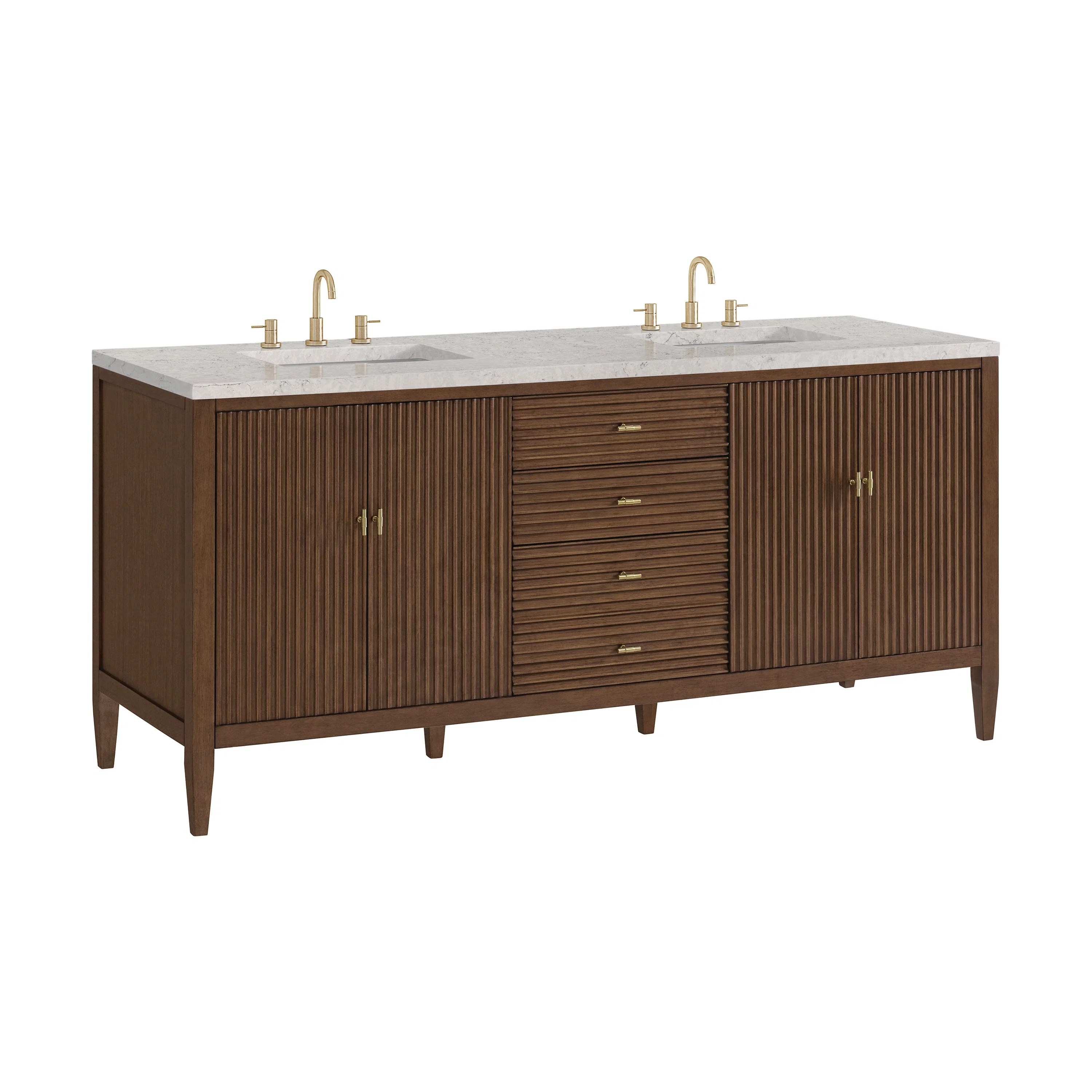 Myrrin 72" Double Vanity, Mid Century Walnut w/ 3 CM Eternal Jasmine Pearl Silestone Top w/FreePower Wireless Charger