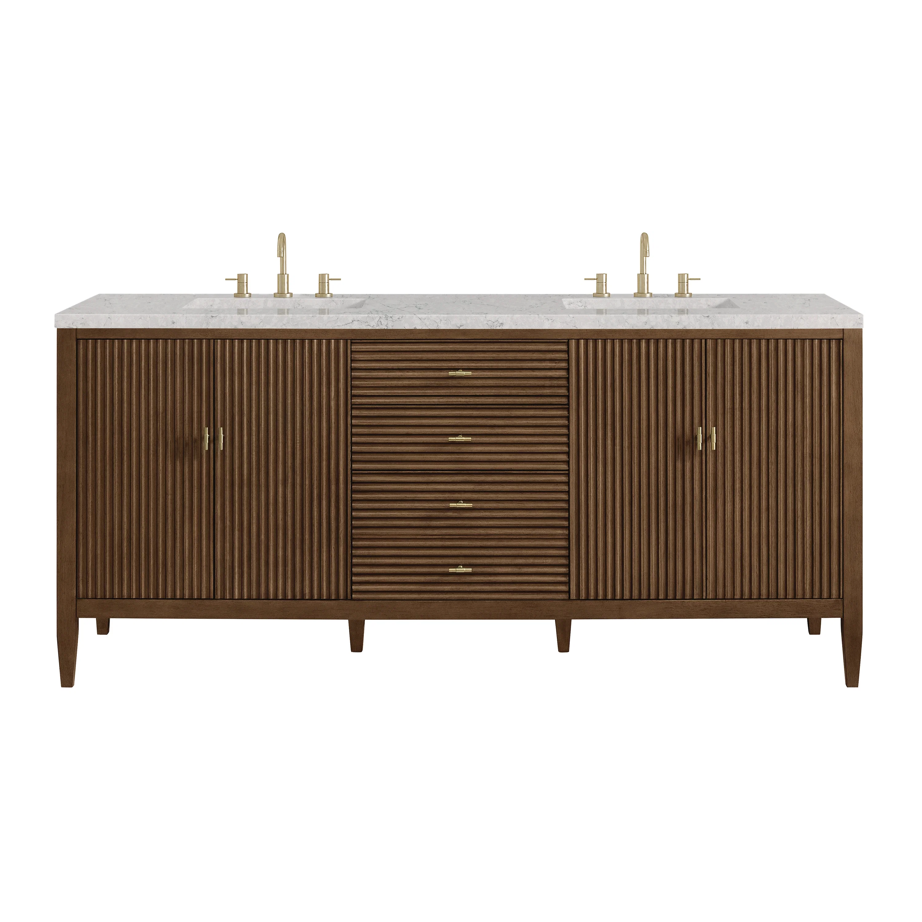 Myrrin 72" Double Vanity, Mid Century Walnut w/ 3 CM Eternal Jasmine Pearl Silestone Top w/FreePower Wireless Charger