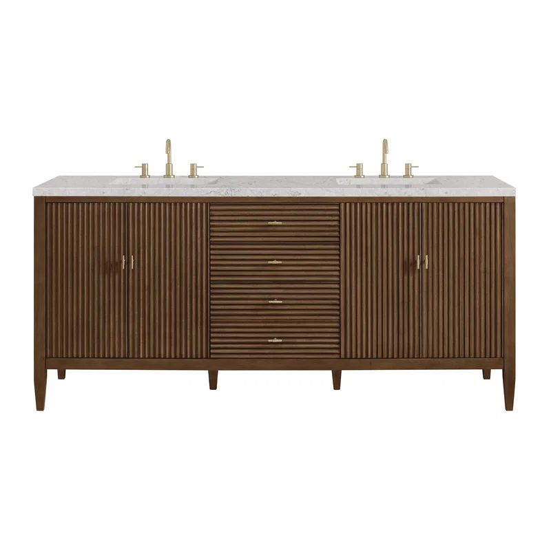 Myrrin 72" Double Vanity, Mid Century Walnut w/ 3 CM Eternal Jasmine Pearl Silestone Top w/FreePower Wireless Charger