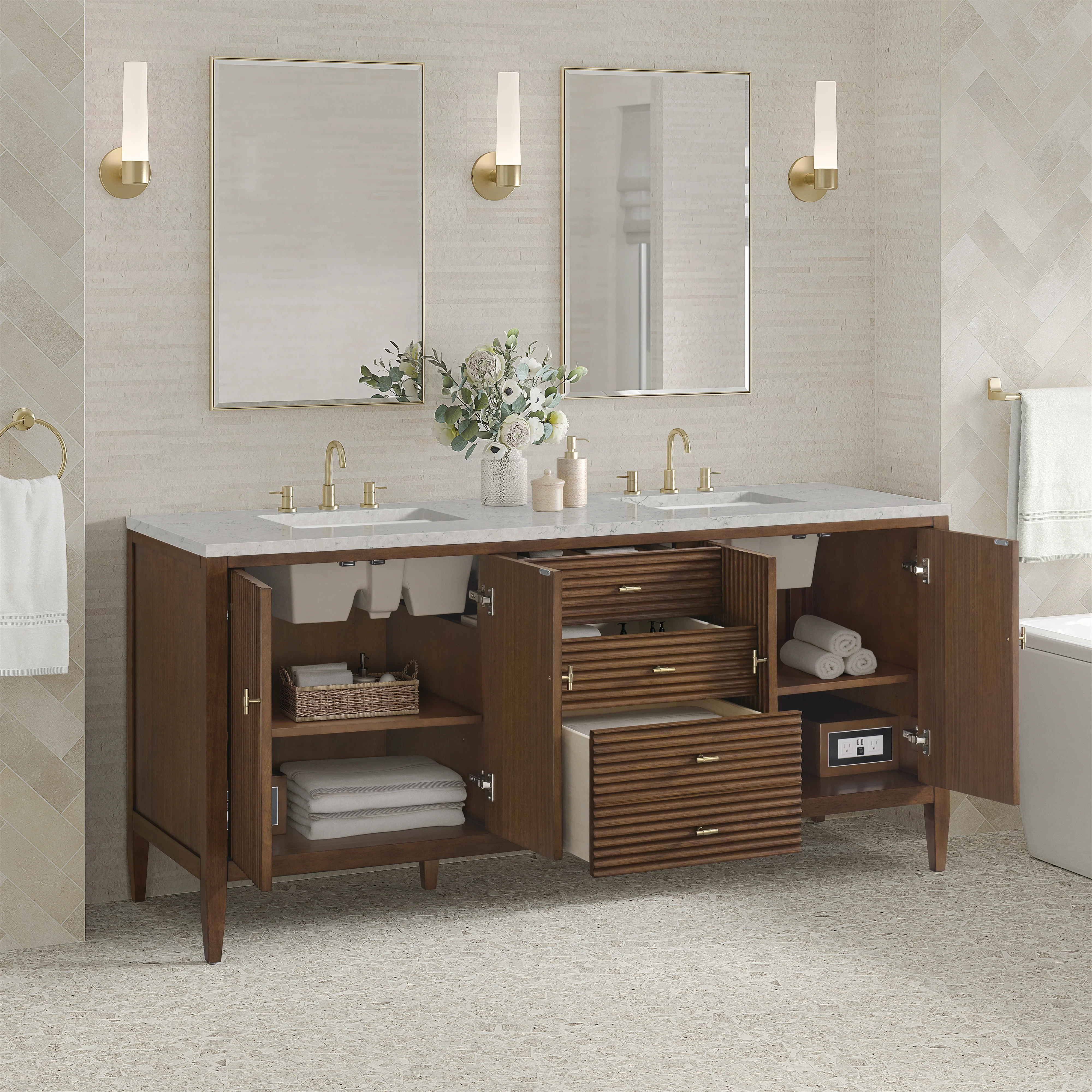 Myrrin 72" Double Vanity, Mid Century Walnut w/ 3 CM Eternal Jasmine Pearl Silestone Top w/FreePower Wireless Charger