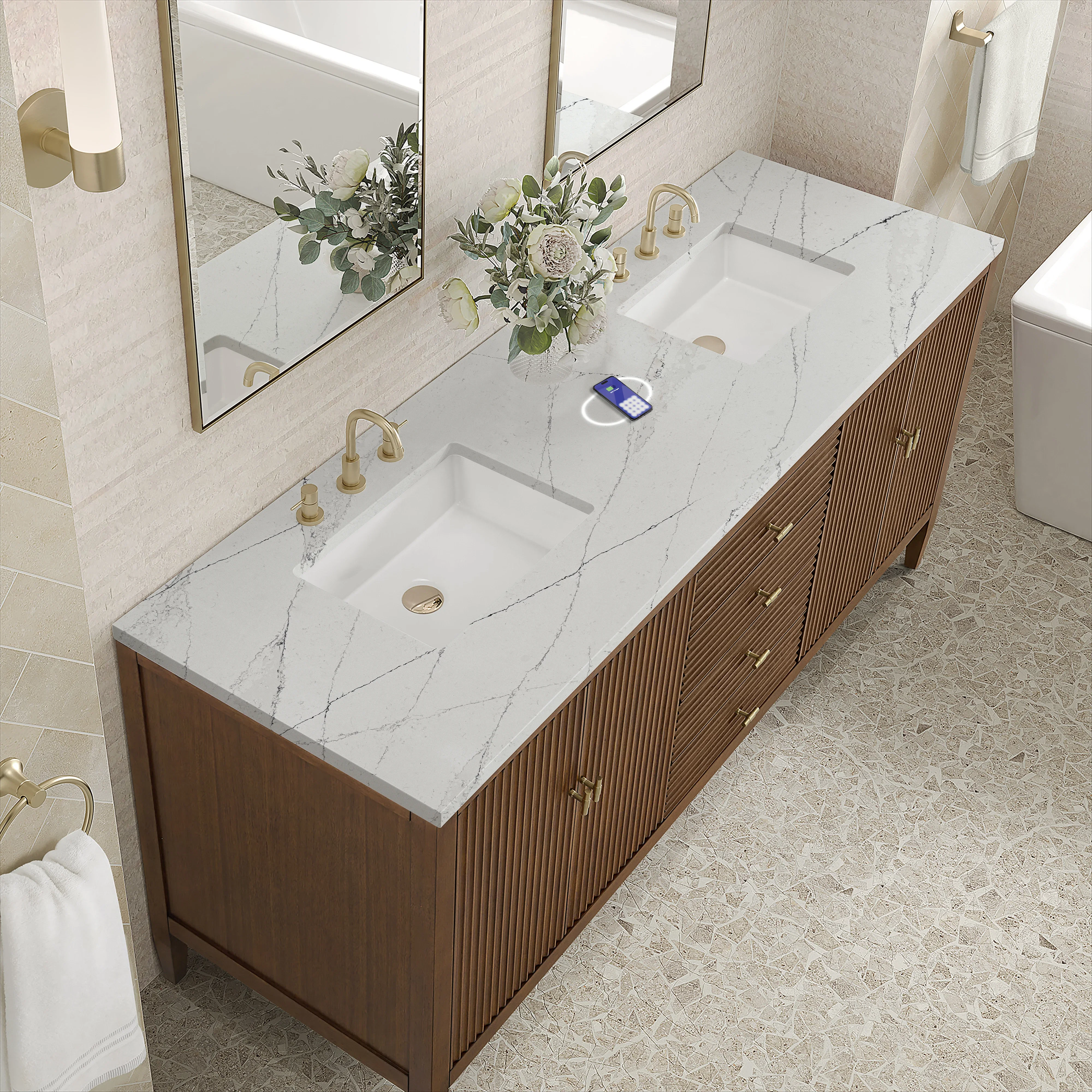 Myrrin 72" Double Vanity, Mid Century Walnut w/ 3 CM Ethereal Noctis Silestone Top w/FreePower Wireless Charger