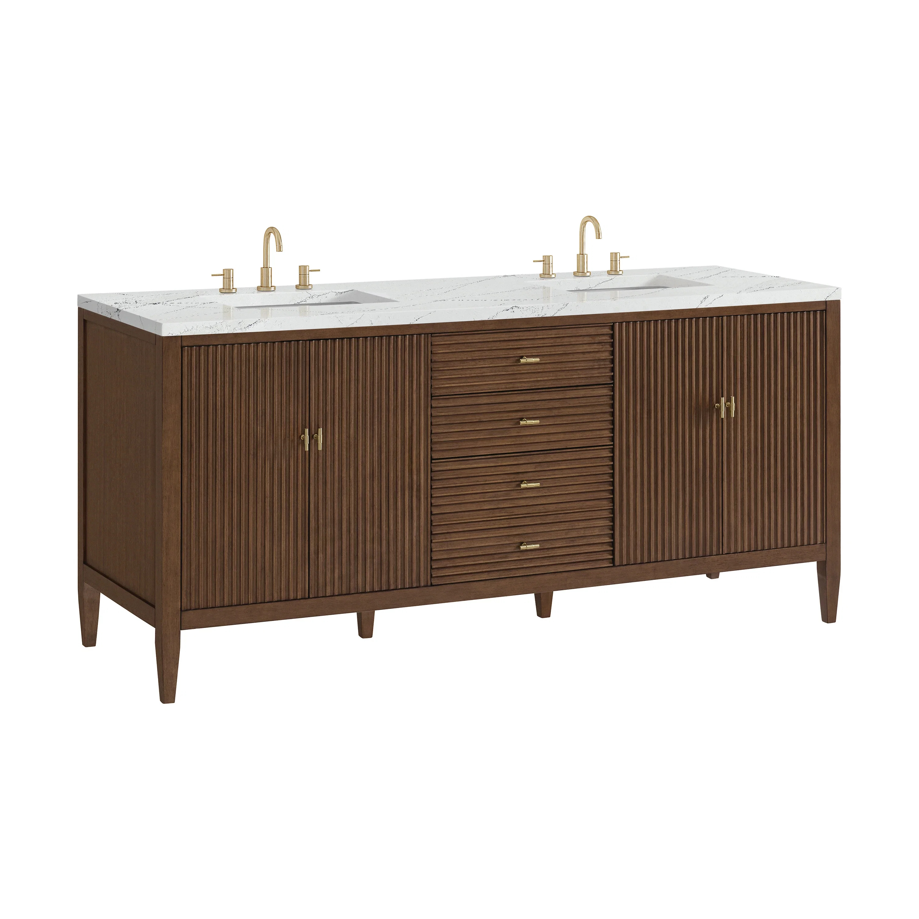 Myrrin 72" Double Vanity, Mid Century Walnut w/ 3 CM Ethereal Noctis Silestone Top w/FreePower Wireless Charger