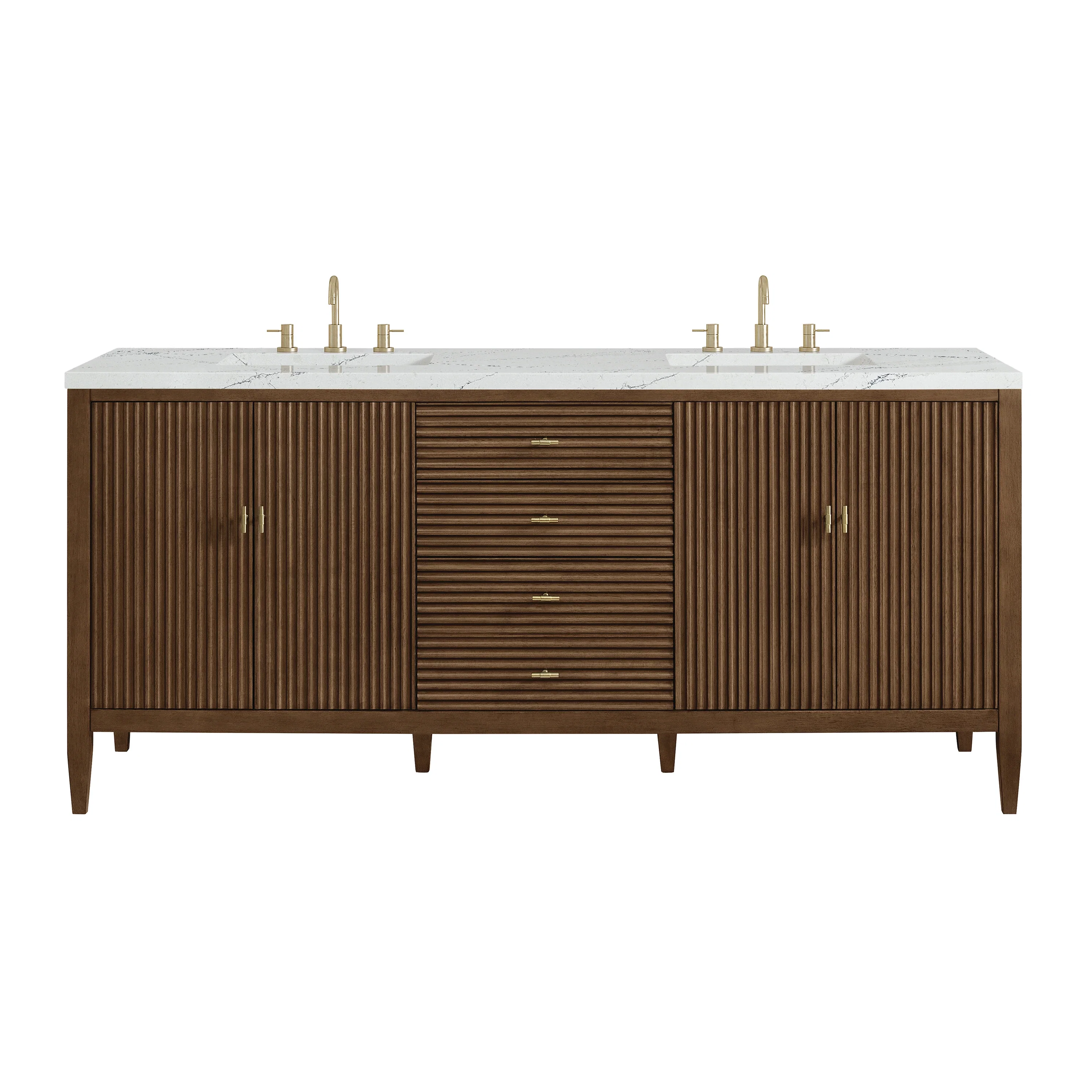 Myrrin 72" Double Vanity, Mid Century Walnut w/ 3 CM Ethereal Noctis Silestone Top w/FreePower Wireless Charger