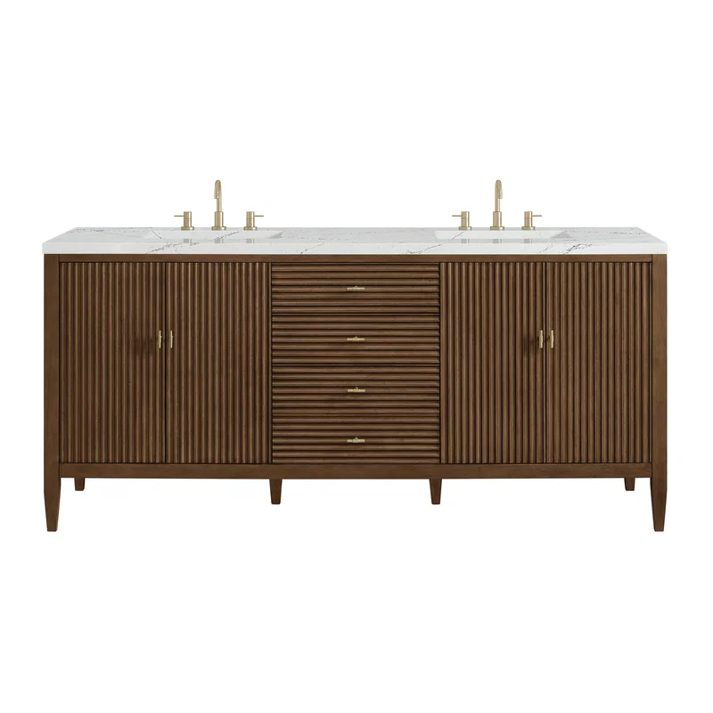 Myrrin 72" Double Vanity, Mid Century Walnut w/ 3 CM Ethereal Noctis Silestone Top w/FreePower Wireless Charger