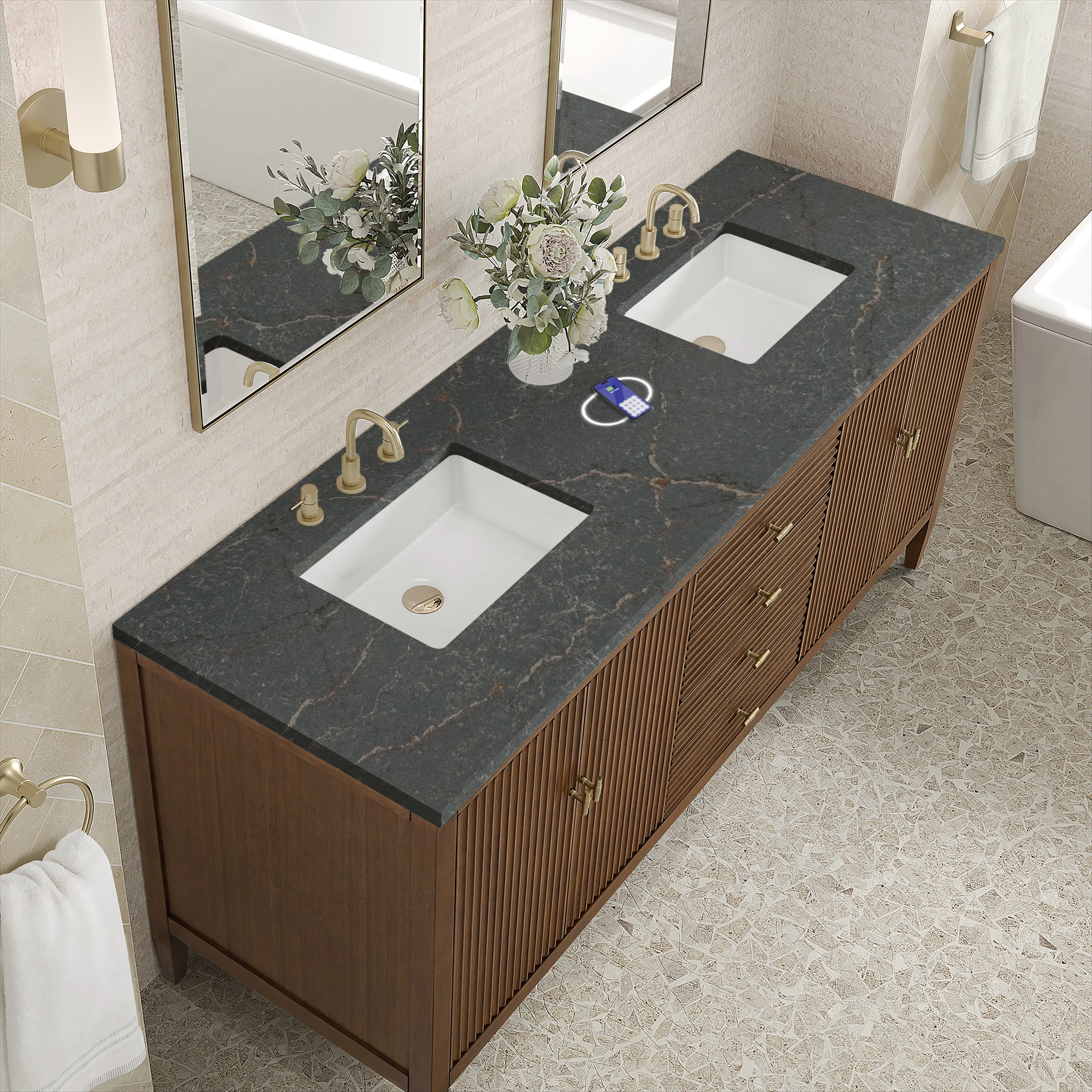 Myrrin 72" Double Vanity, Mid Century Walnut w/ 3 CM Parisien Bleu Silestone Top w/FreePower Wireless Charger