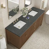 Myrrin 72" Double Vanity, Mid Century Walnut w/ 3 CM Parisien Bleu Silestone Top w/FreePower Wireless Charger