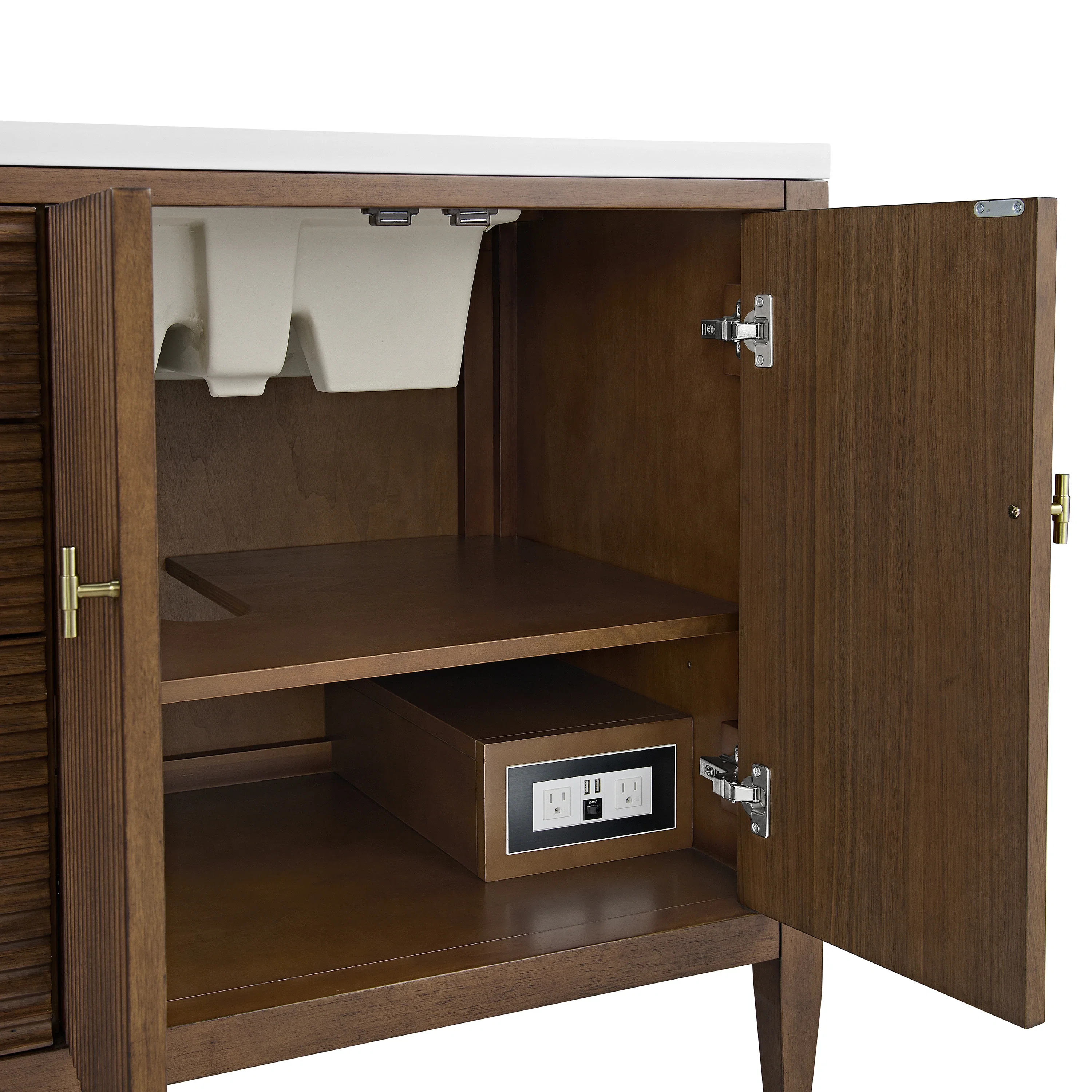 Myrrin 72" Double Vanity, Mid Century Walnut w/ 3 CM Parisien Bleu Silestone Top w/FreePower Wireless Charger