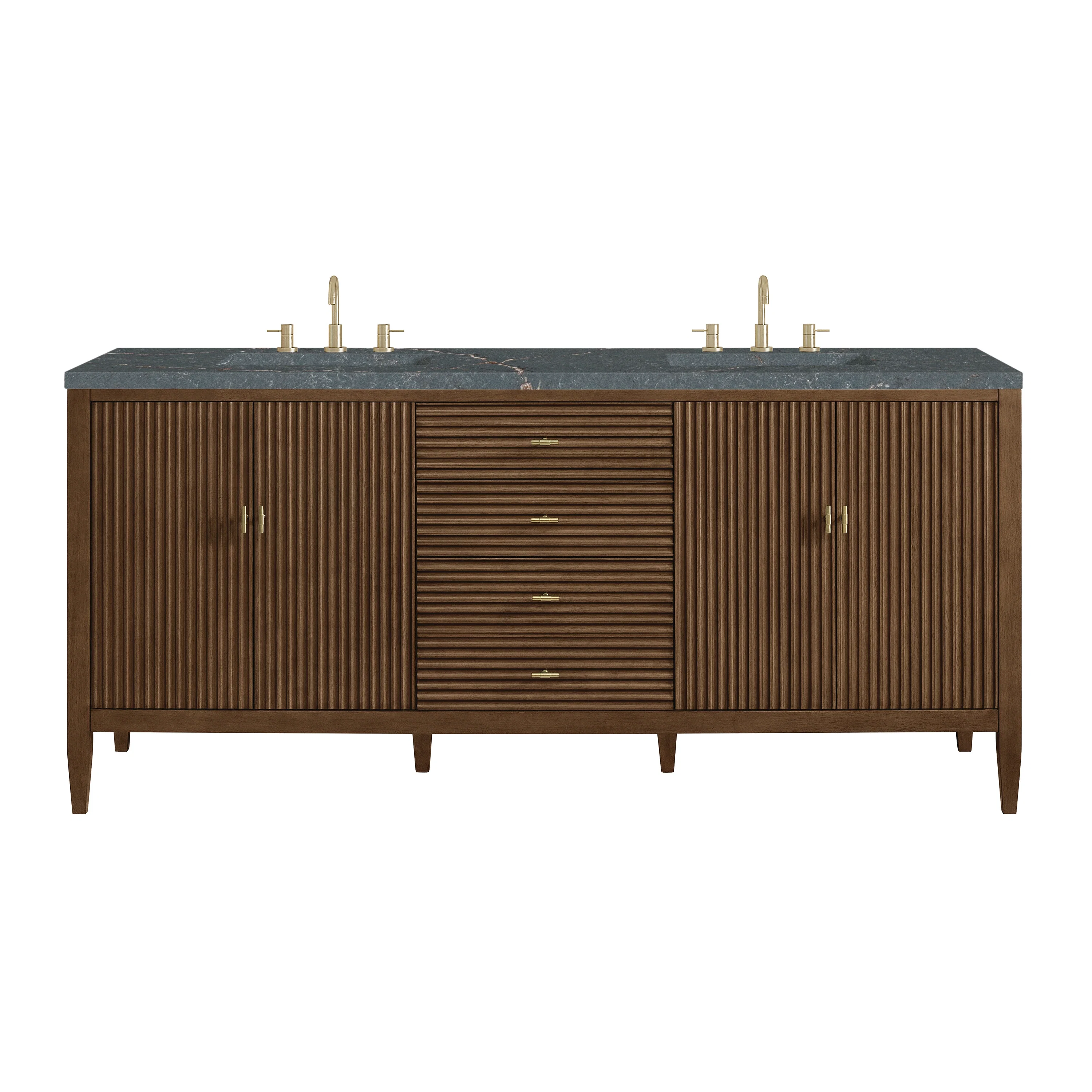 Myrrin 72" Double Vanity, Mid Century Walnut w/ 3 CM Parisien Bleu Silestone Top w/FreePower Wireless Charger