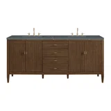 Myrrin 72" Double Vanity, Mid Century Walnut w/ 3 CM Parisien Bleu Silestone Top w/FreePower Wireless Charger