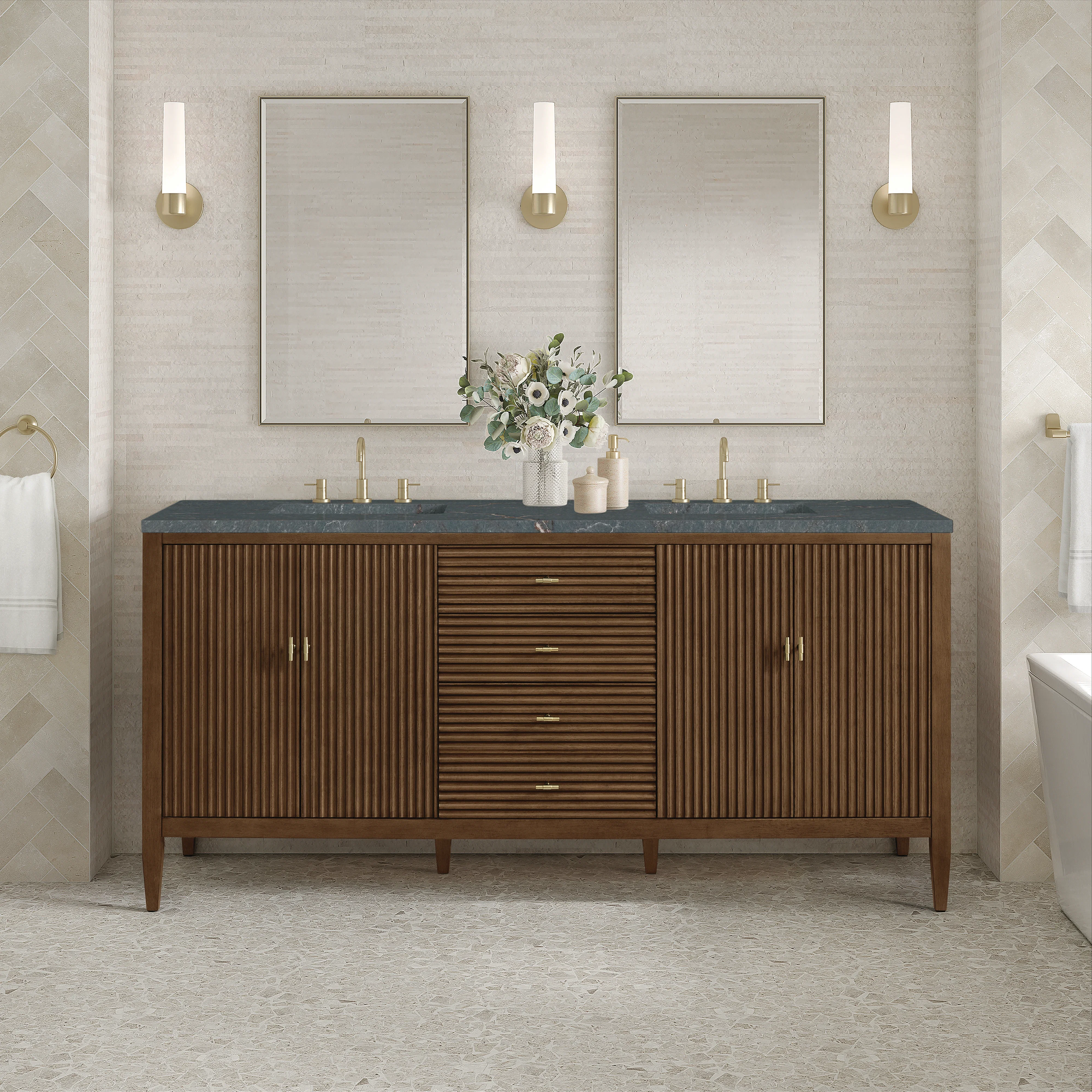 Myrrin 72" Double Vanity, Mid Century Walnut w/ 3 CM Parisien Bleu Silestone Top w/FreePower Wireless Charger