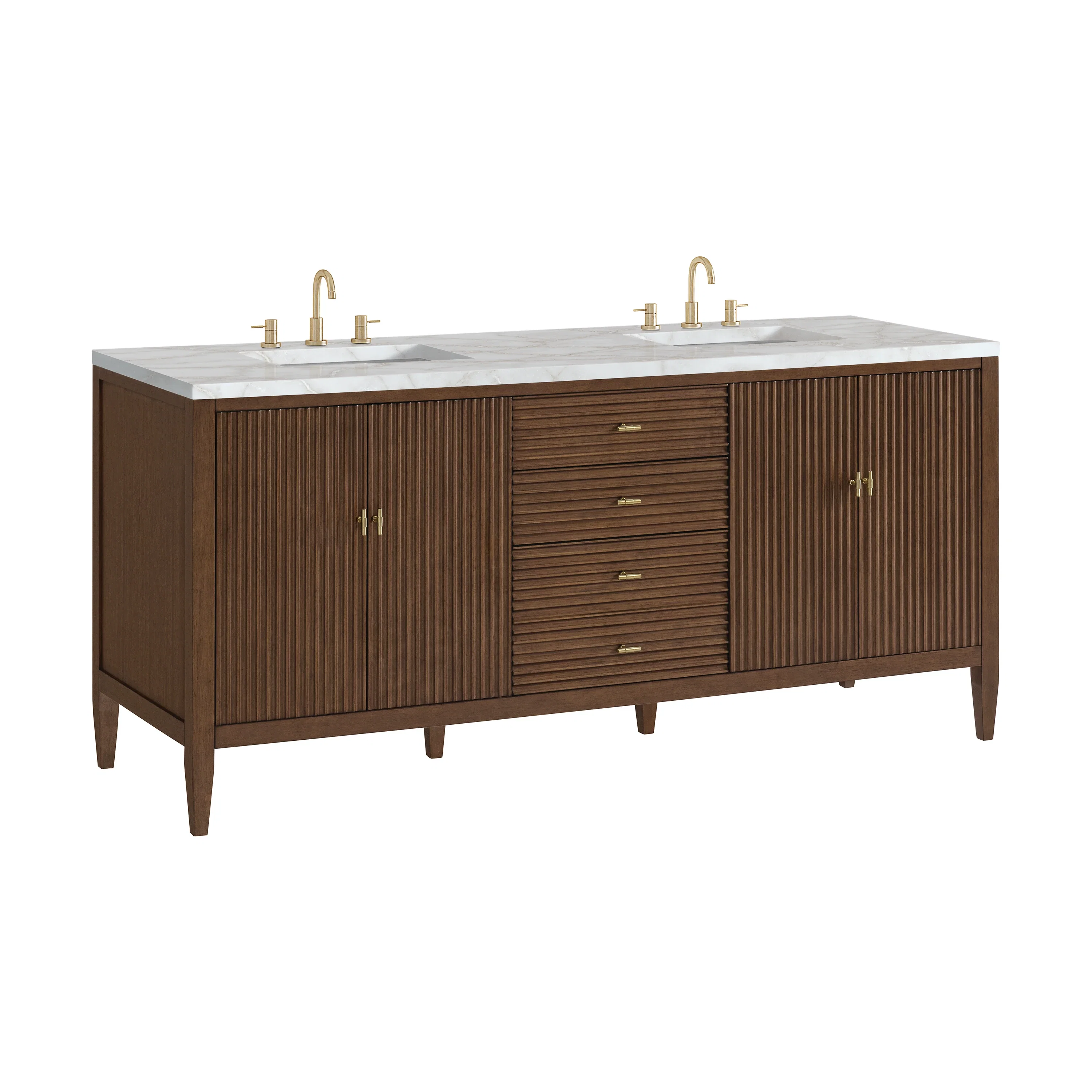 Myrrin 72" Double Vanity, Mid Century Walnut w/ 3 CM Victorian Silver Silestone Top w/FreePower Wireless Charger