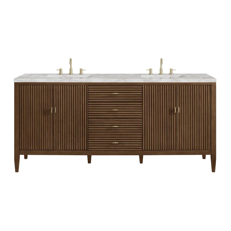 Myrrin 72" Double Vanity, Mid Century Walnut w/ 3 CM Victorian Silver Silestone Top w/FreePower Wireless Charger