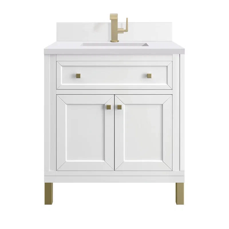 Chicago 30" Single Vanity, Glossy White, w/ Single Hole 3CM White Zeus Silestone® Top & Backsplash