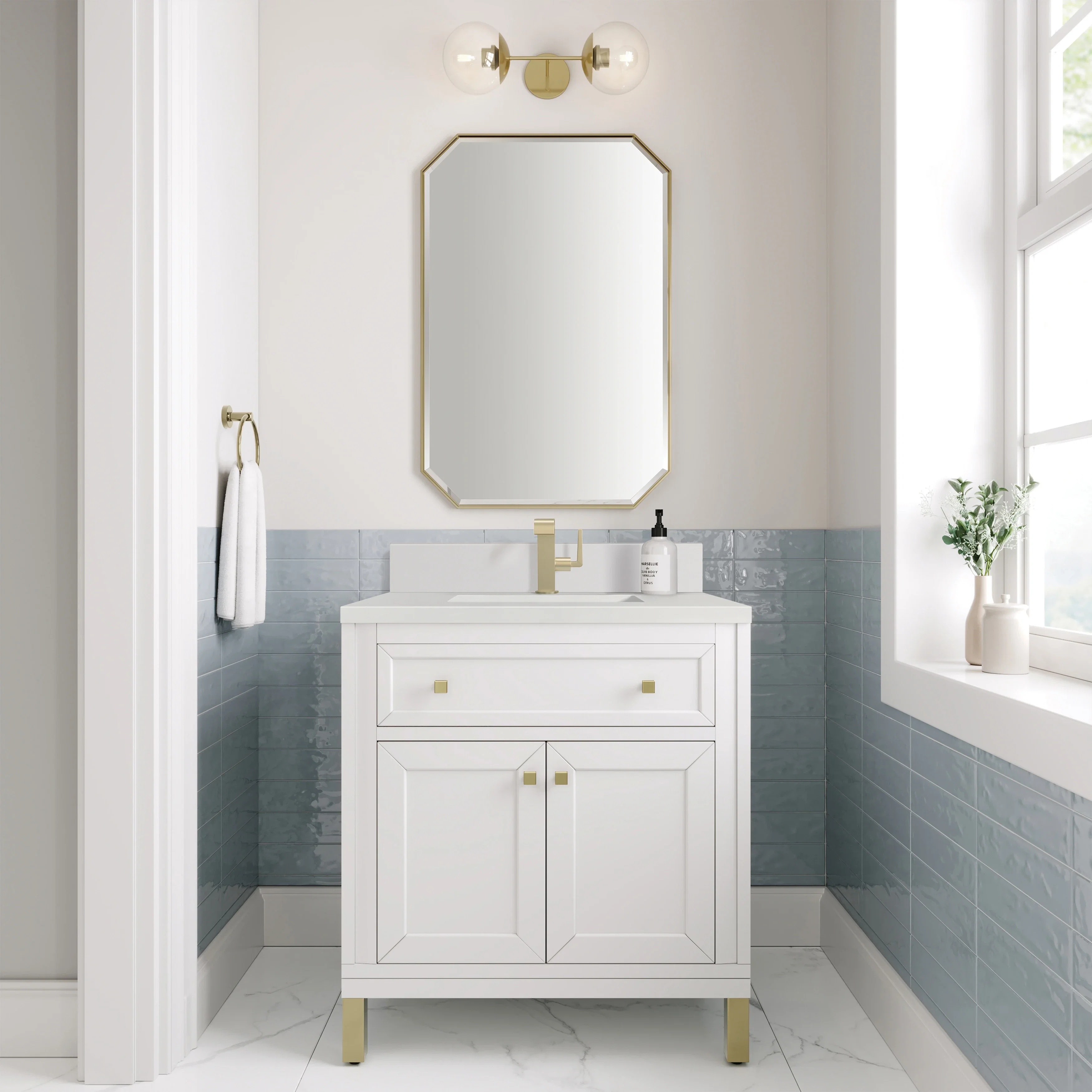 Chicago 30" Single Vanity, Glossy White, w/ Single Hole 3CM White Zeus Silestone® Top & Backsplash