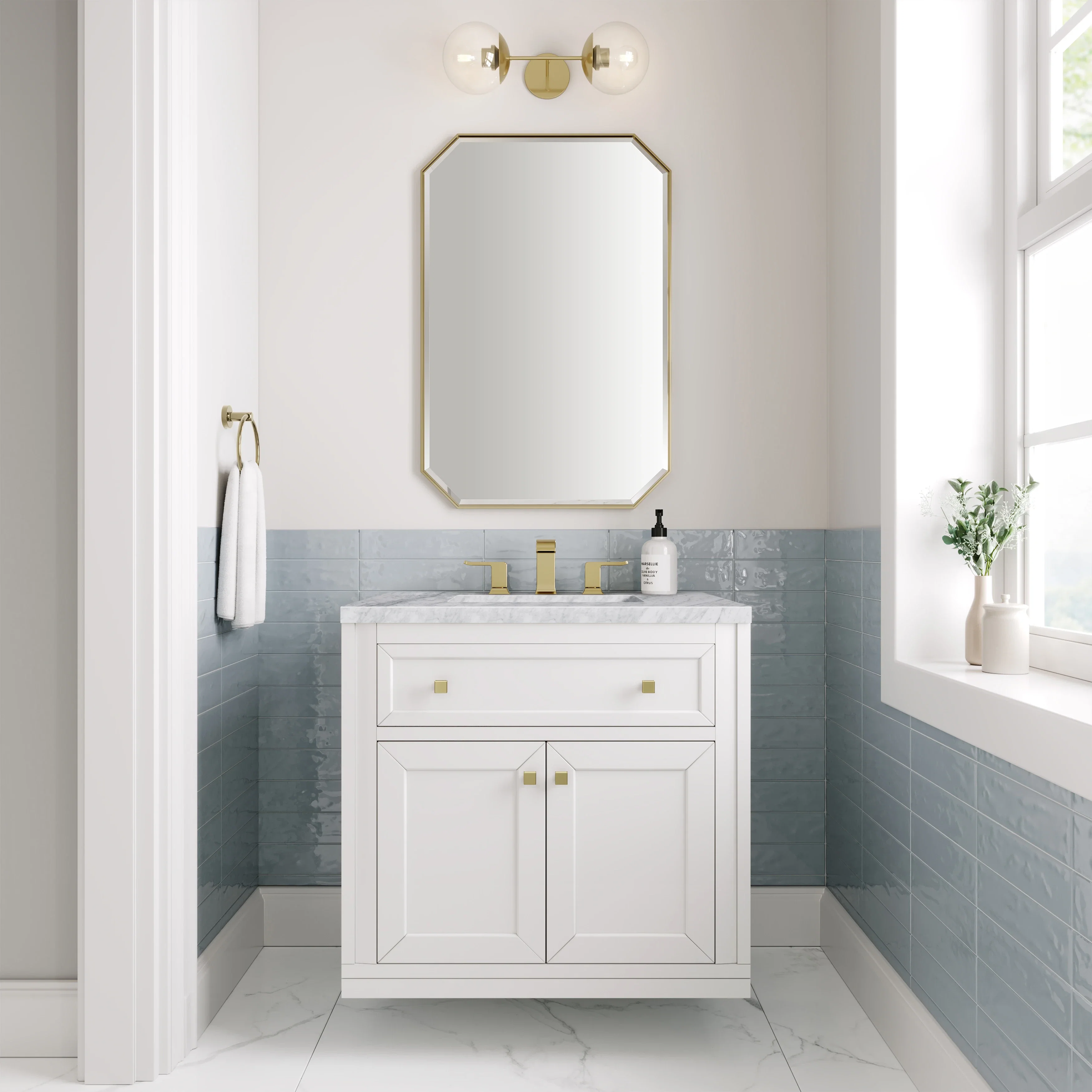 Chicago 30" Single Vanity, Glossy White, w/ 3 CM Carrara Marble Top