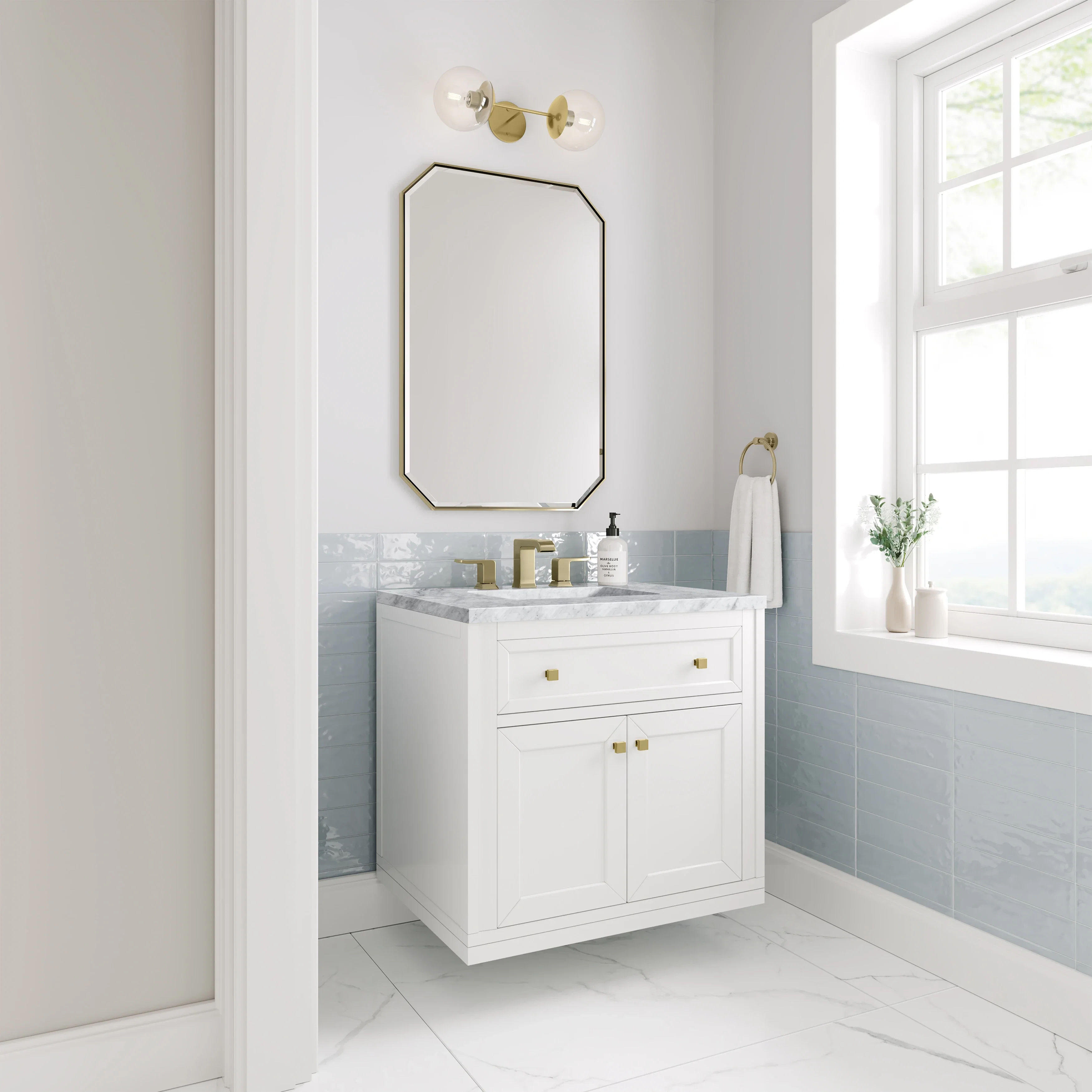 Chicago 30" Single Vanity, Glossy White, w/ 3 CM Carrara Marble Top