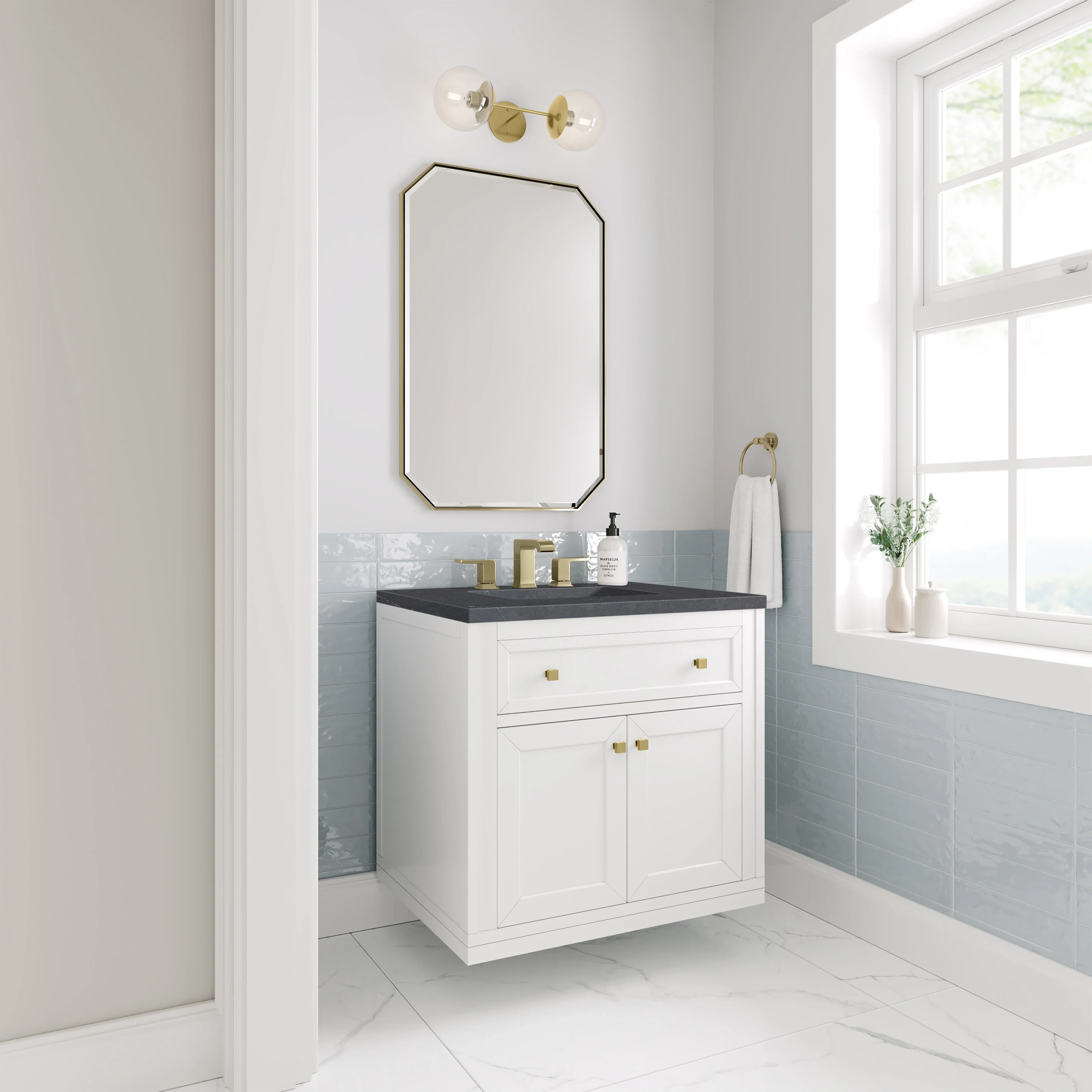 Chicago 30" Single Vanity, Glossy White, w/ 3 CM Charcoal Soapstone Silestone® Top