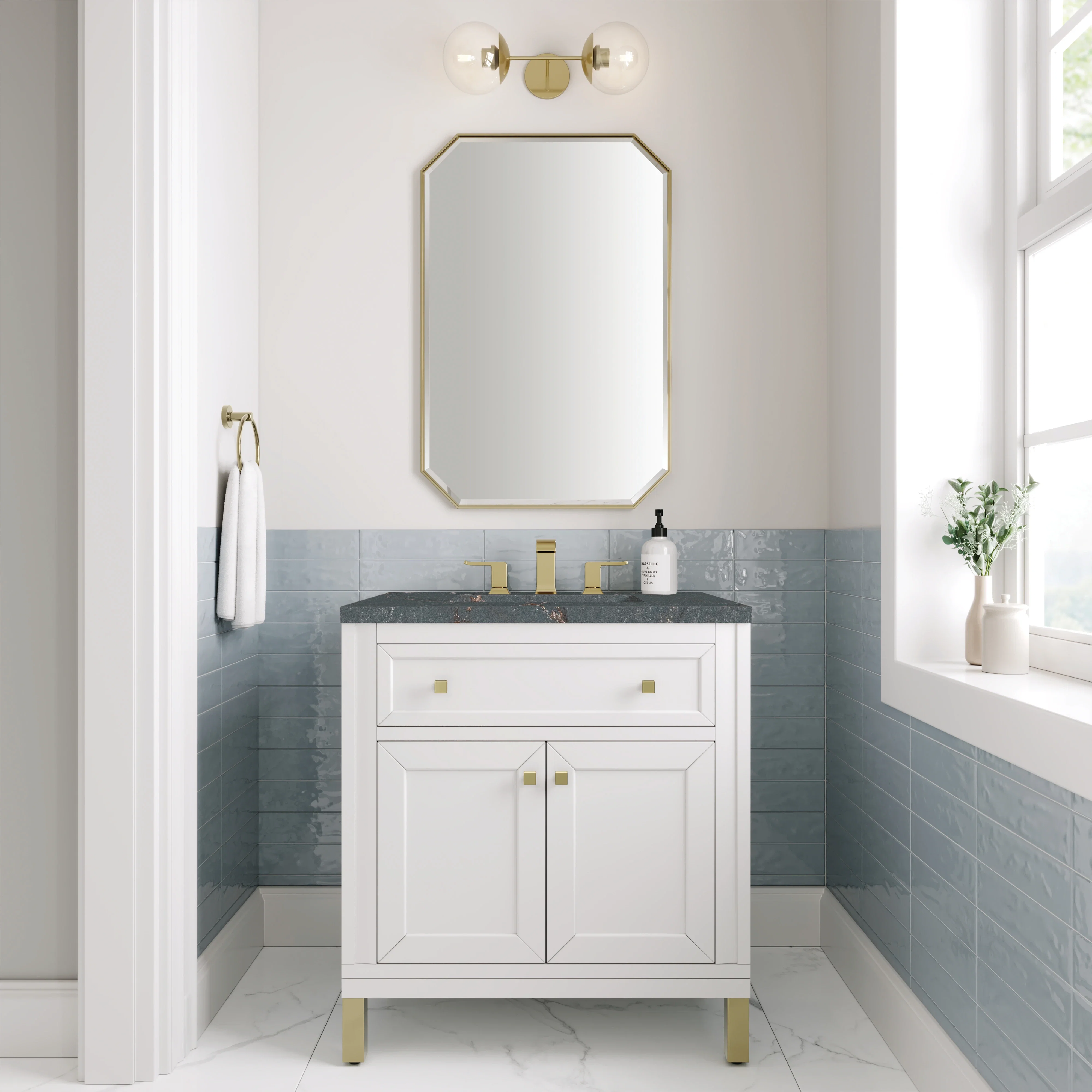 Chicago 30" Single Vanity, Glossy White, w/ 3 CM Parisien Bleu Silestone® Top