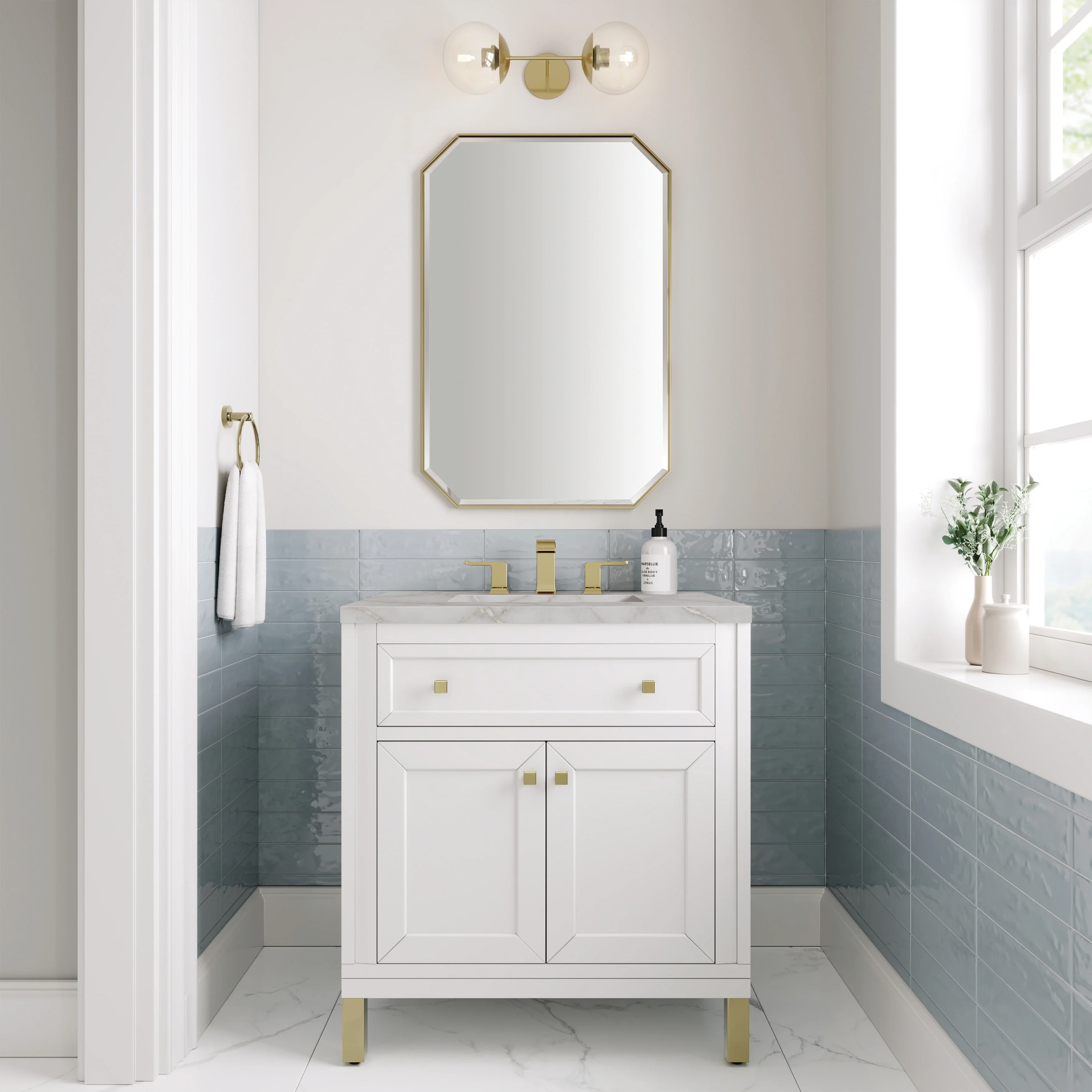 Chicago 30" Single Vanity, Glossy White, w/ 3 CM Victorian Silver Silestone® Top