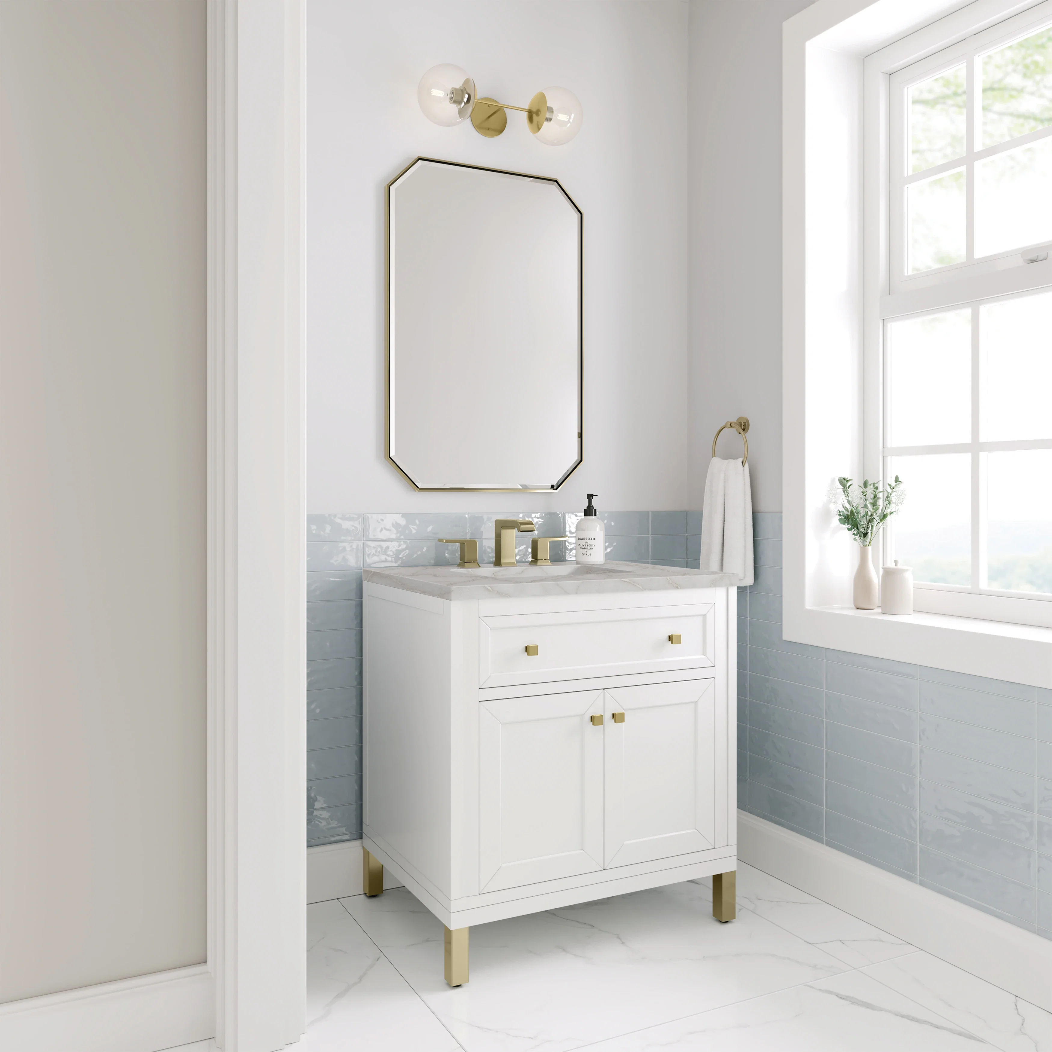 Chicago 30" Single Vanity, Glossy White, w/ 3 CM Victorian Silver Silestone® Top
