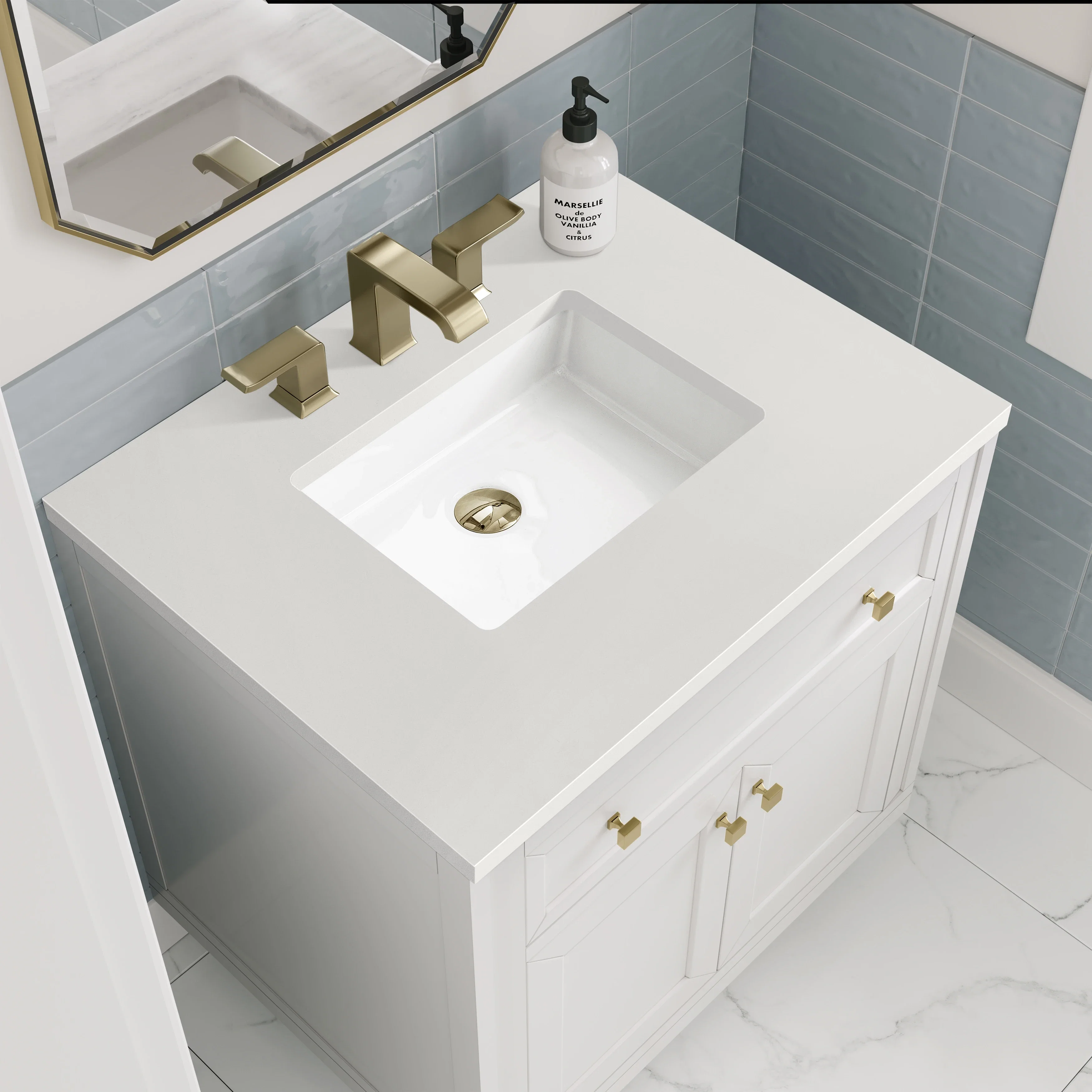 Chicago 30" Single Vanity, Glossy White, w/ 3 CM White Zeus Silestone® Top