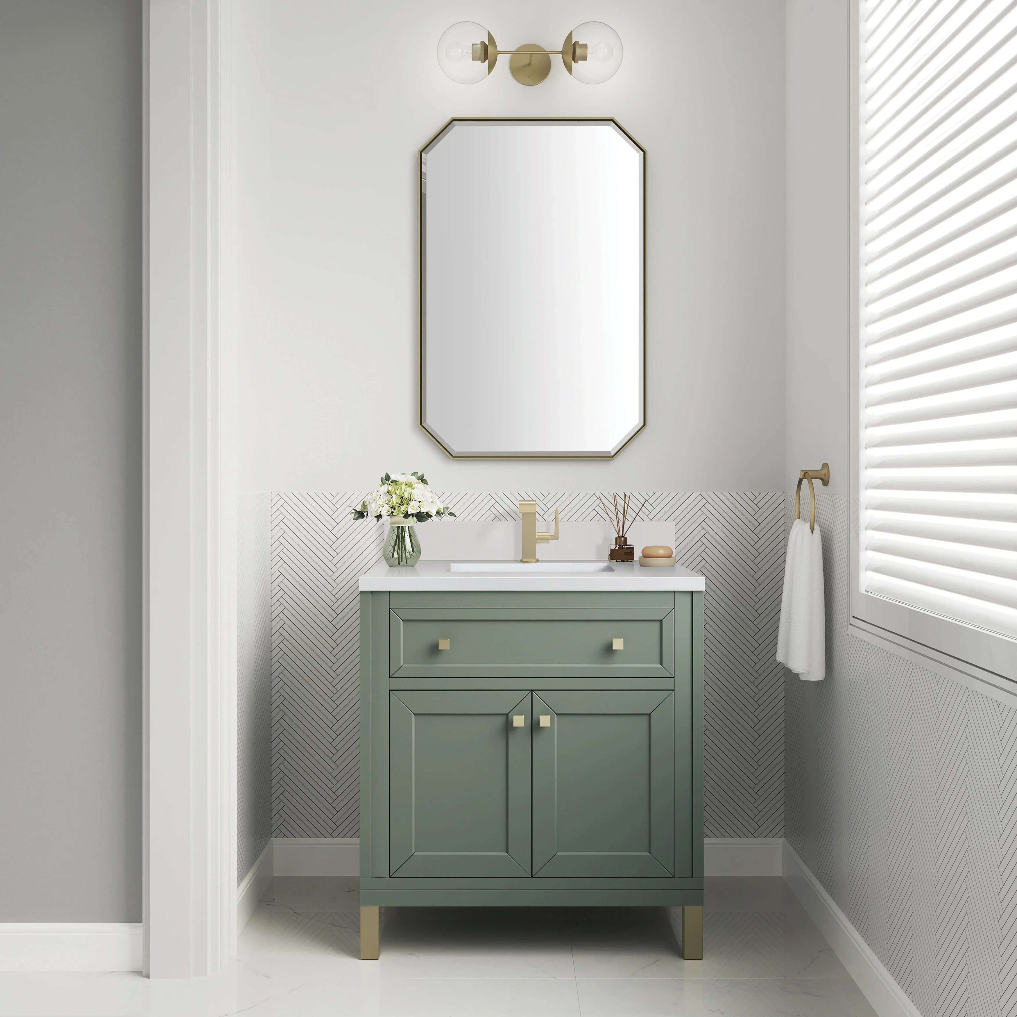 Chicago 30" Single Vanity, Smokey Celadon, w/ Single Hole 3CM White Zeus Silestone® Top & Backsplash