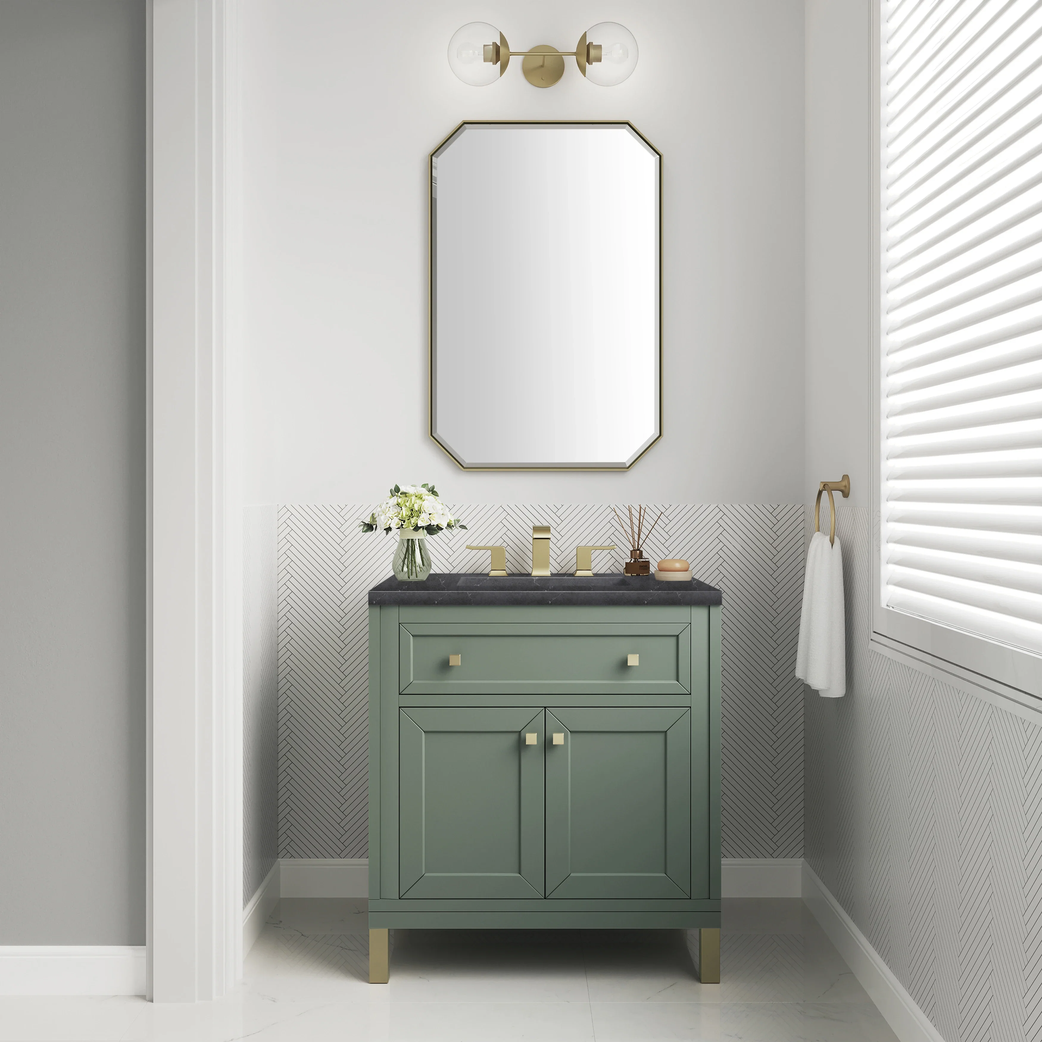 Chicago 30" Single Vanity, Smokey Celadon, w/ 3 CM Charcoal Soapstone Silestone® Top