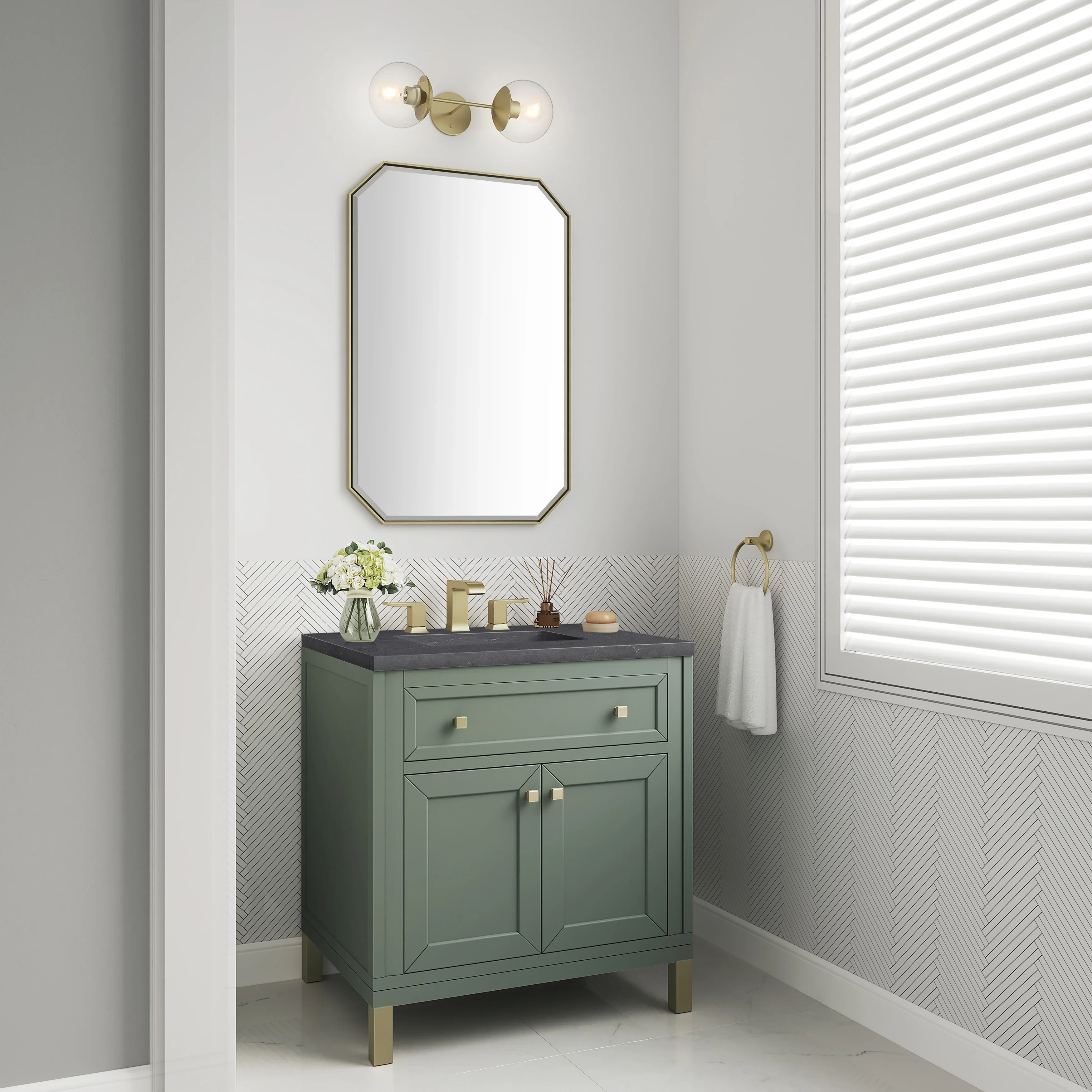 Chicago 30" Single Vanity, Smokey Celadon, w/ 3 CM Charcoal Soapstone Silestone® Top