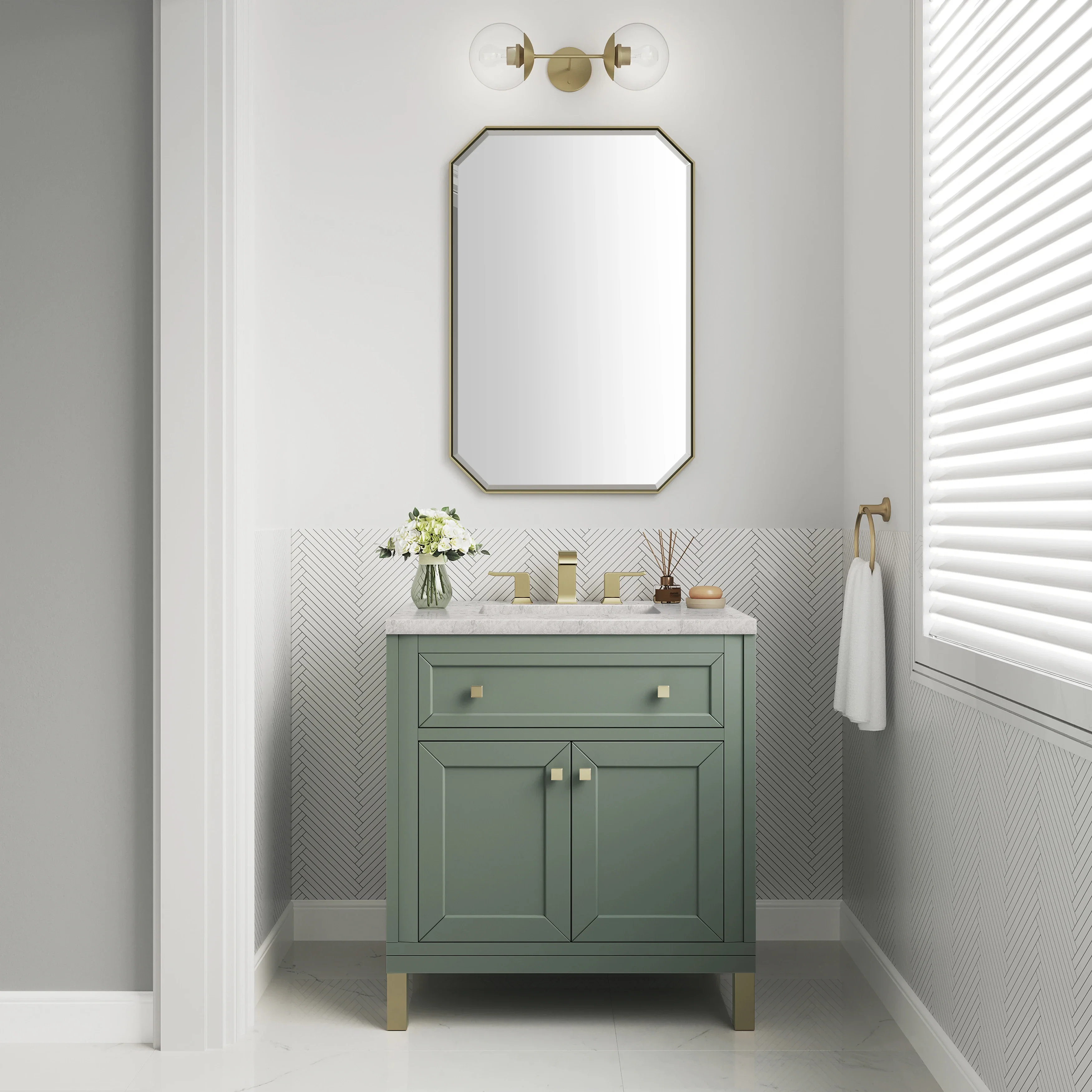 Chicago 30" Single Vanity, Smokey Celadon, w/ 3 CM Eternal Jasmine Pearl Silestone® Top