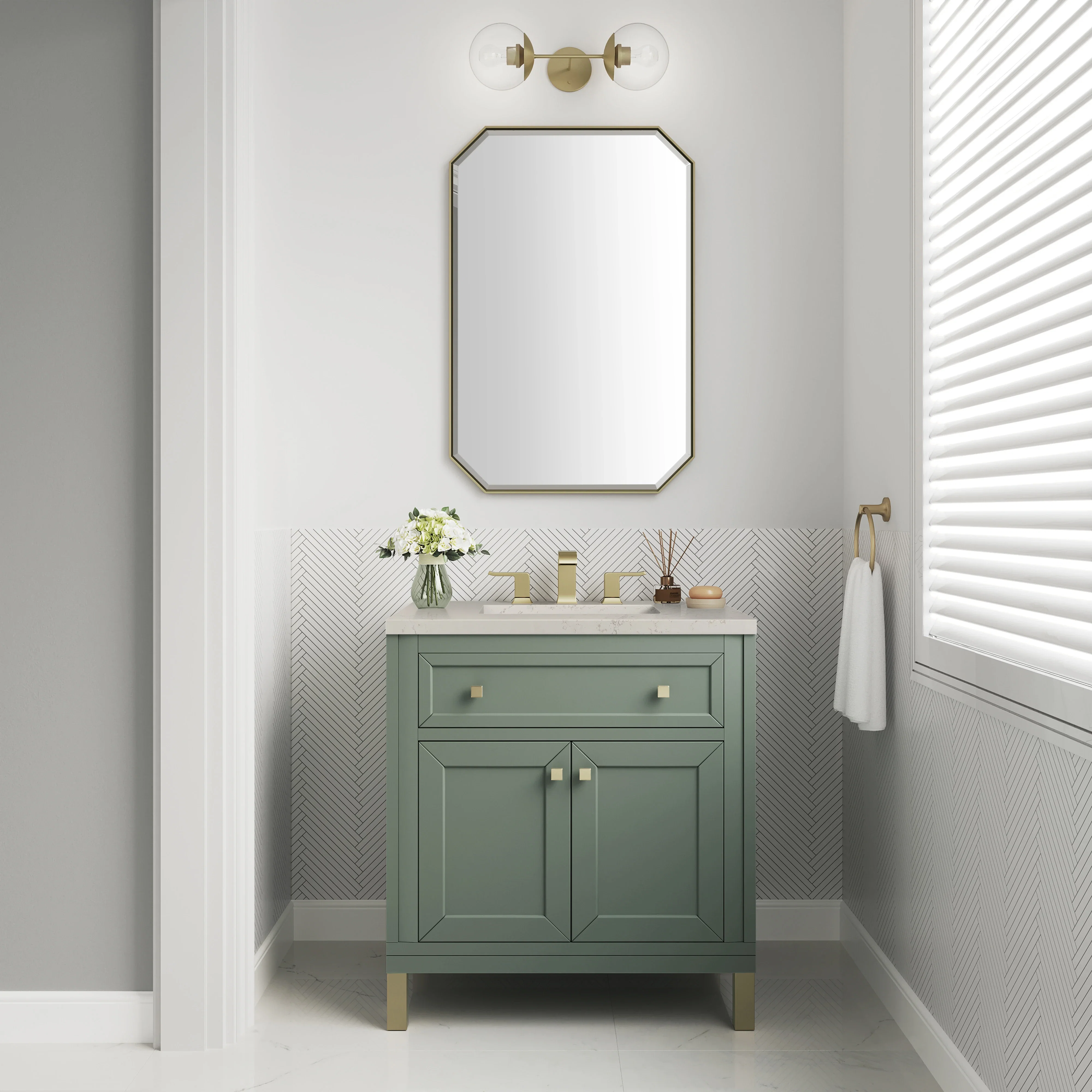 Chicago 30" Single Vanity, Smokey Celadon, w/ 3 CM Siberian Silestone Top